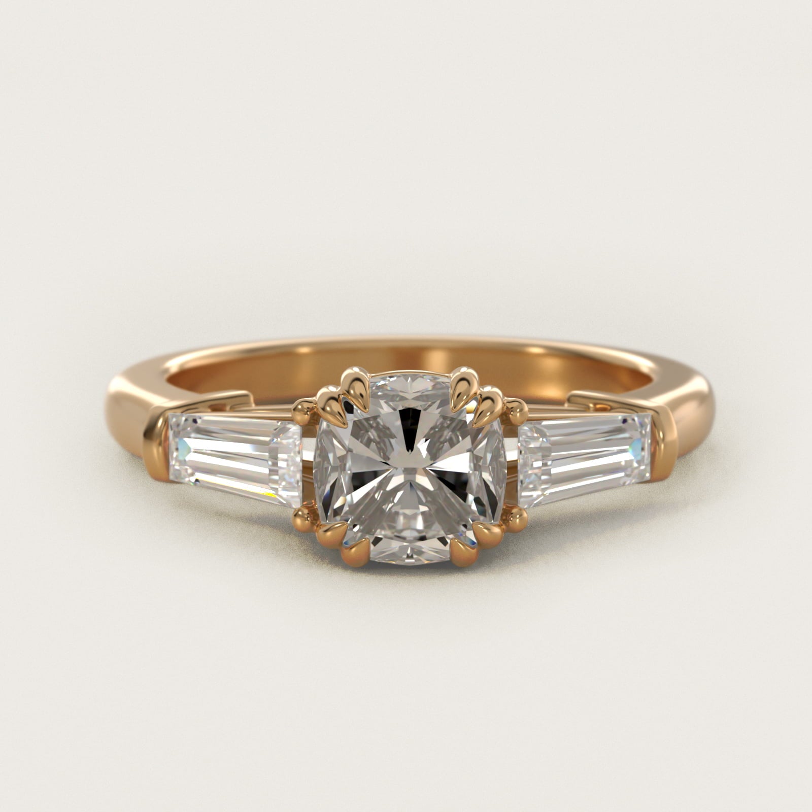 Three-Stone Tapered Baguette Diamond Engagement Ring in 14K Yellow Gold (1/2 ct. tw.) - Cushion Center