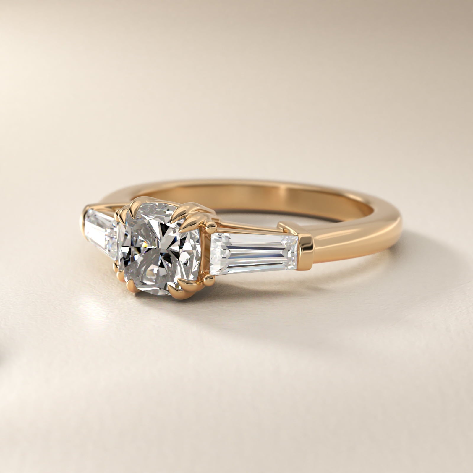 Three-Stone Tapered Baguette Diamond Engagement Ring in 14K Yellow Gold (1/2 ct. tw.) - Cushion Center