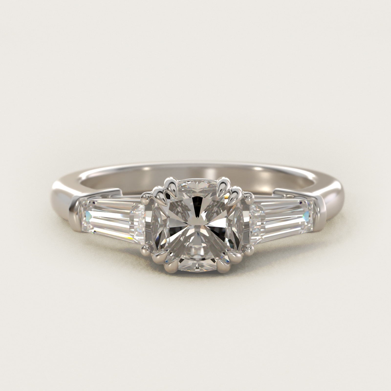 Three-Stone Tapered Baguette Diamond Engagement Ring in Platinum (1/2 ct. tw.) - Cushion Center