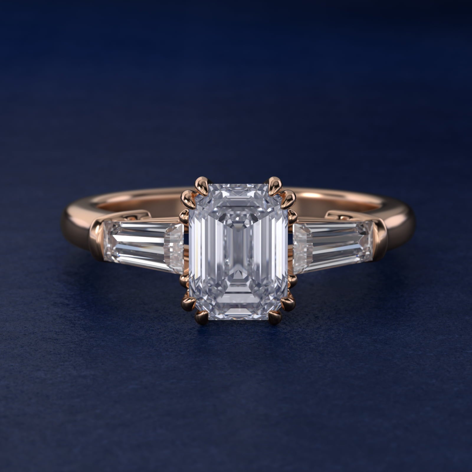 Three-Stone Tapered Baguette Diamond Engagement Ring in 14k Rose Gold (1/2 ct. tw.) - Emerald Center