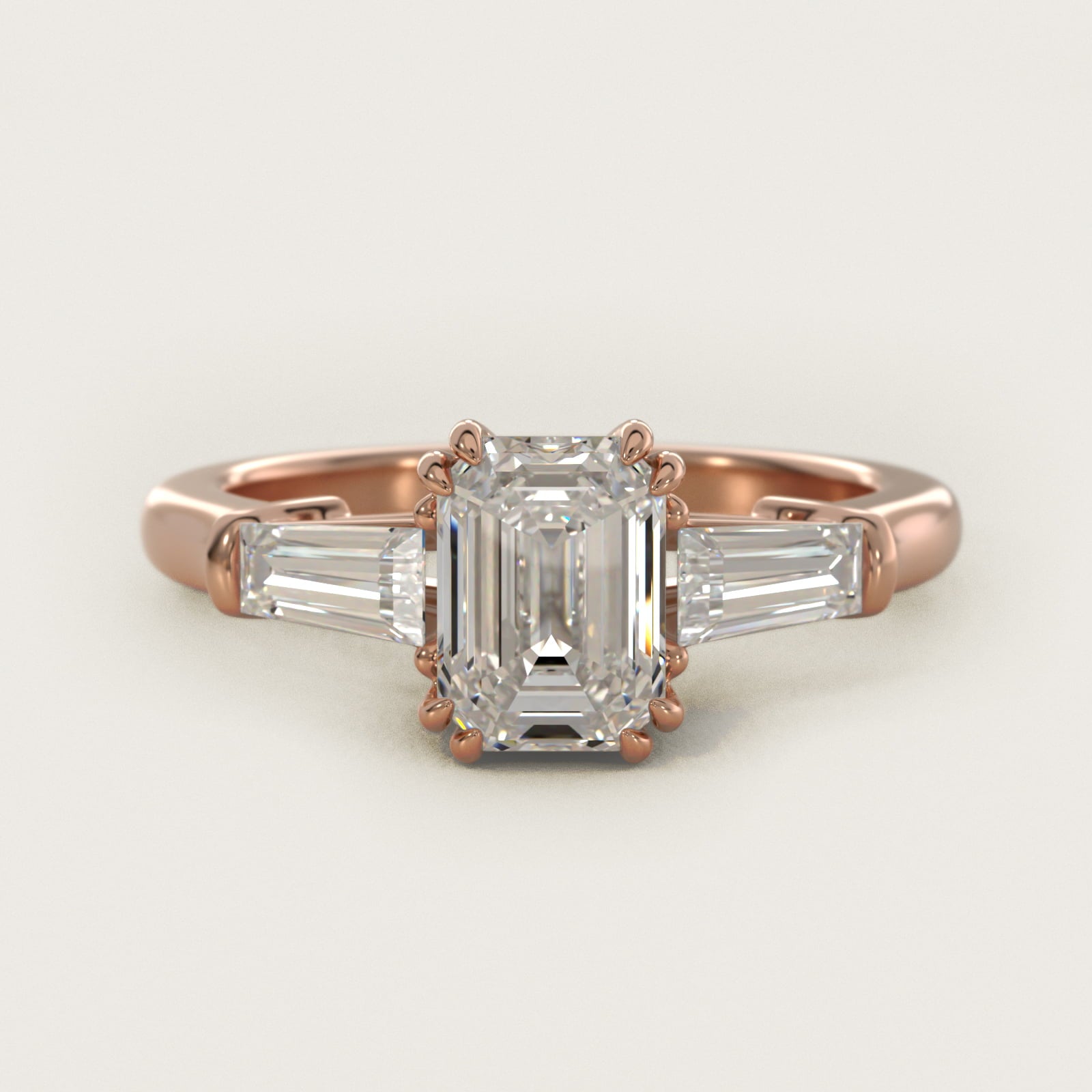 Three-Stone Tapered Baguette Diamond Engagement Ring in 18k Rose Gold (1/2 ct. tw.) - Emerald Center
