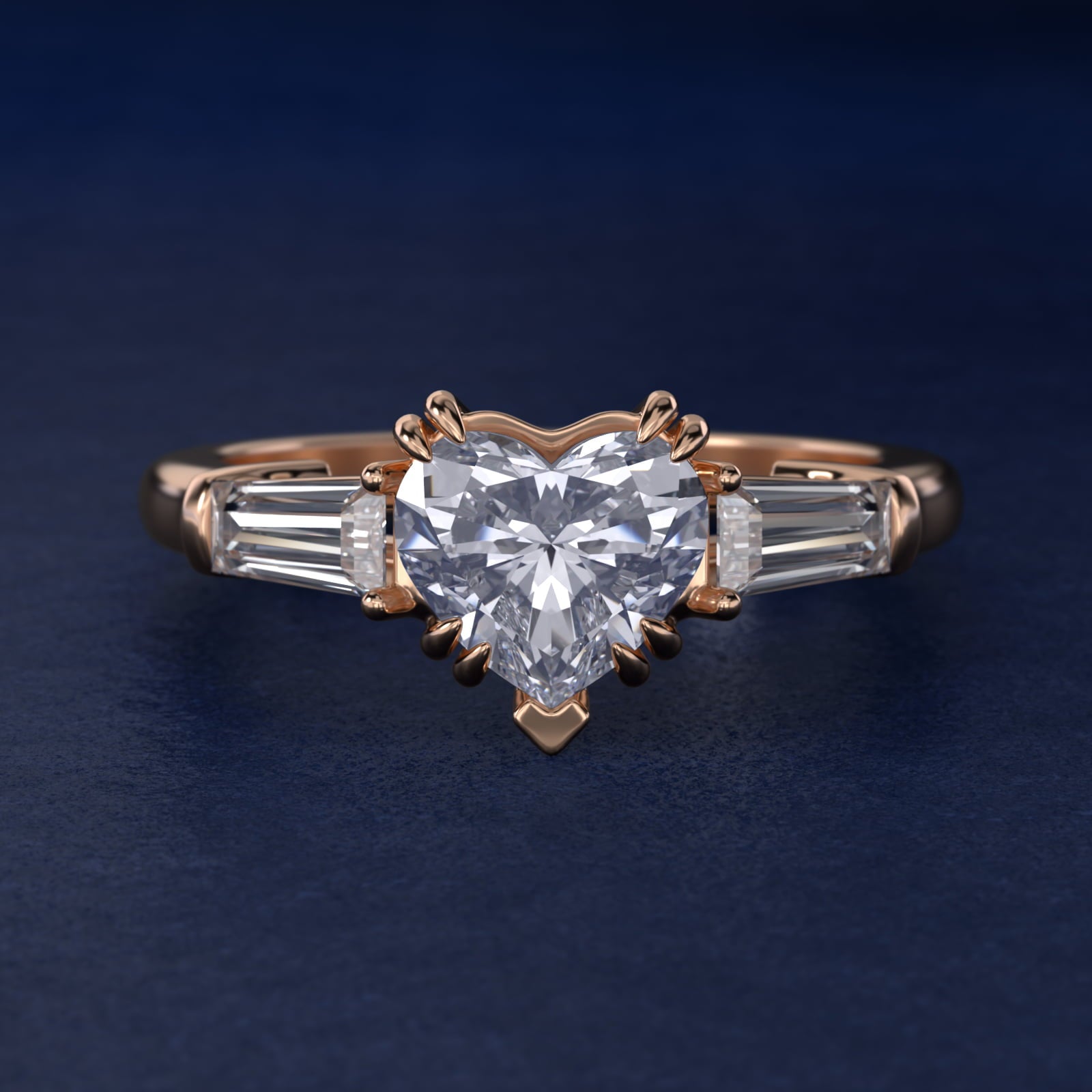 Three-Stone Tapered Baguette Diamond Engagement Ring in 14k Rose Gold (1/2 ct. tw.) - Heart Center
