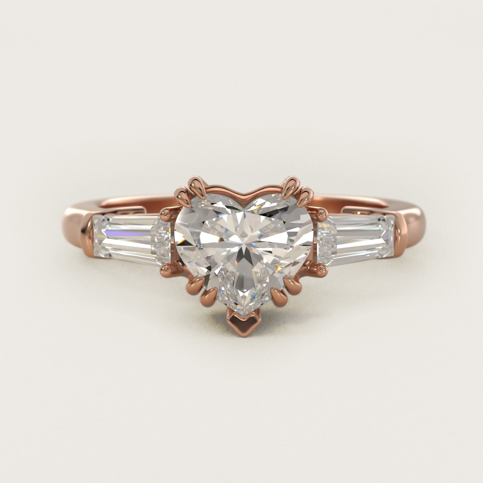 Three-Stone Tapered Baguette Diamond Engagement Ring in 18k Rose Gold (1/2 ct. tw.) - Heart Center