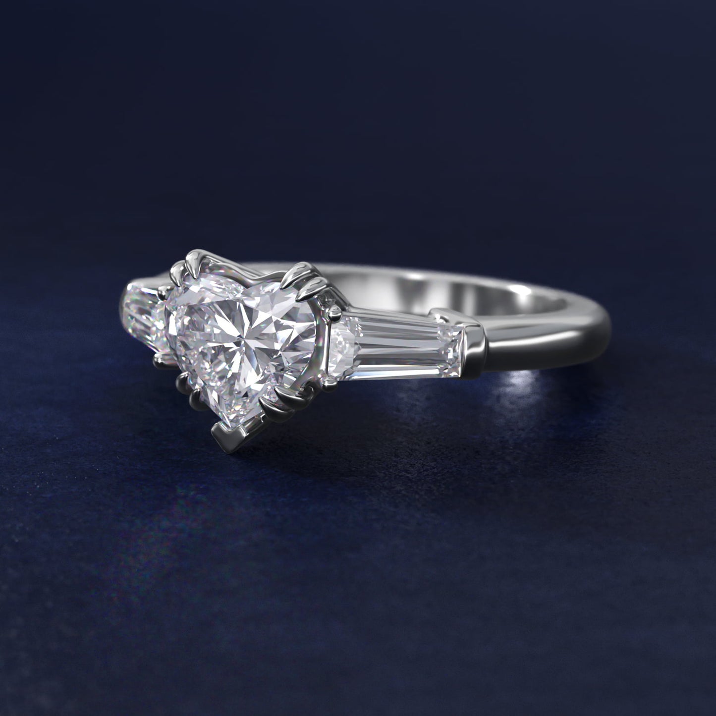 Three-Stone Tapered Baguette Diamond Engagement Ring in 18k White Gold (1/2 ct. tw.) - Heart Center
