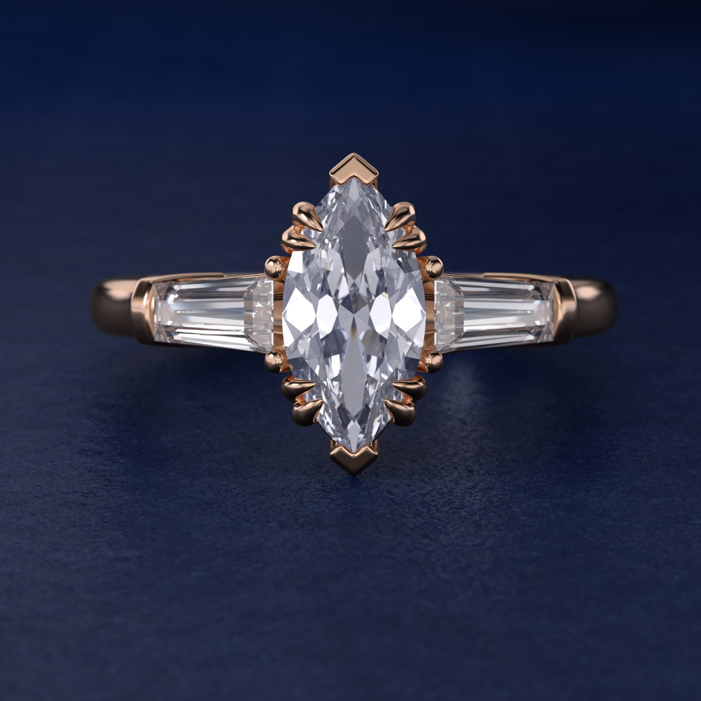 Three-Stone Tapered Baguette Diamond Engagement Ring in 14k Rose Gold (1/2 ct. tw.) - Marquise Center