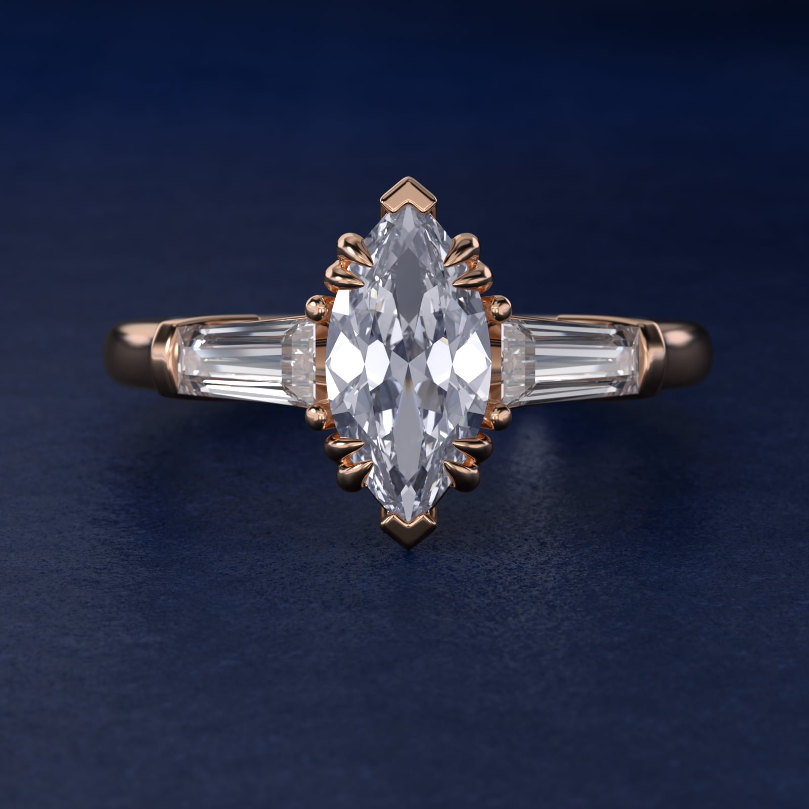 Three-Stone Tapered Baguette Diamond Engagement Ring in 14k Rose Gold (1/2 ct. tw.) - Marquise Center