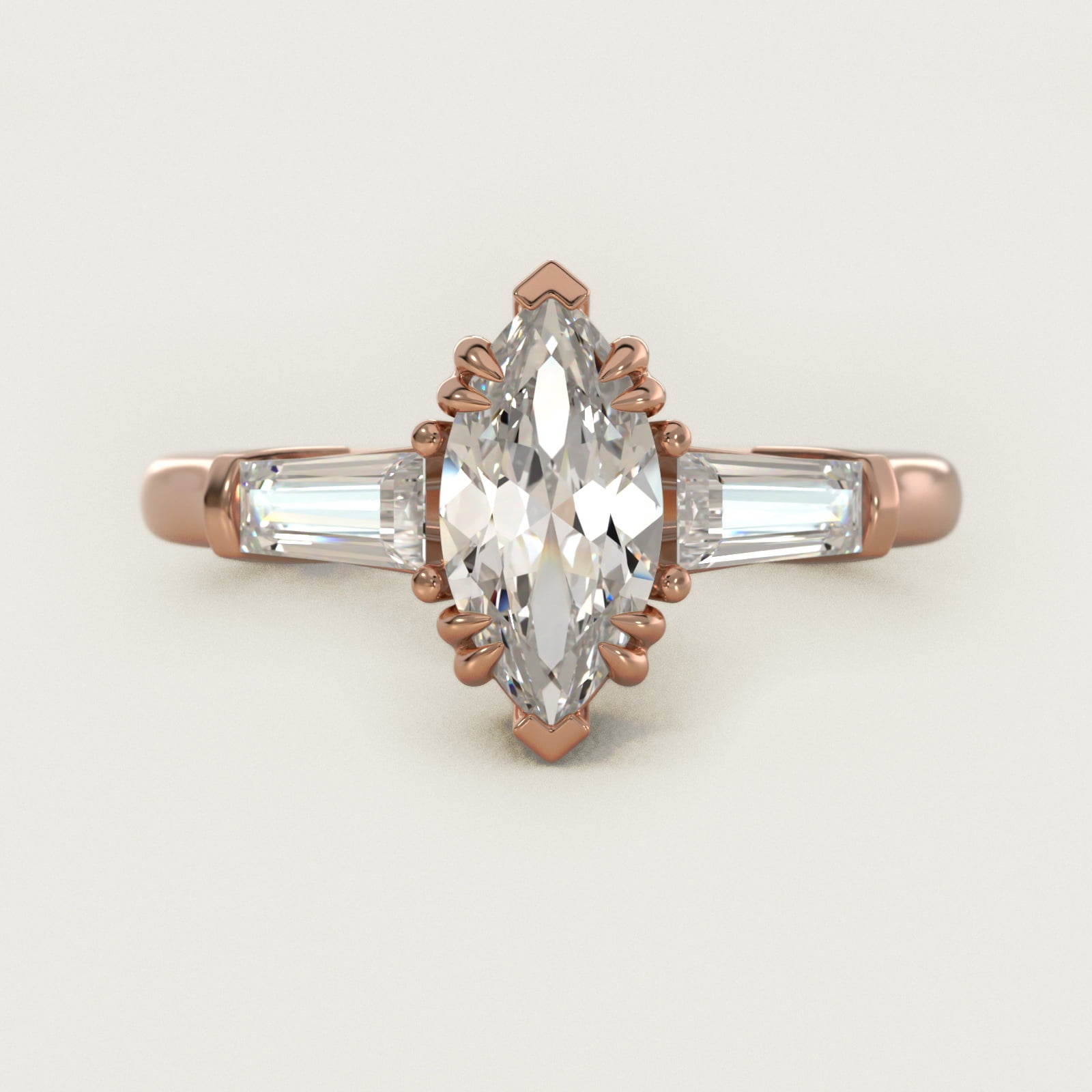 Three-Stone Tapered Baguette Diamond Engagement Ring in 14k Rose Gold (1/2 ct. tw.) - Marquise Center