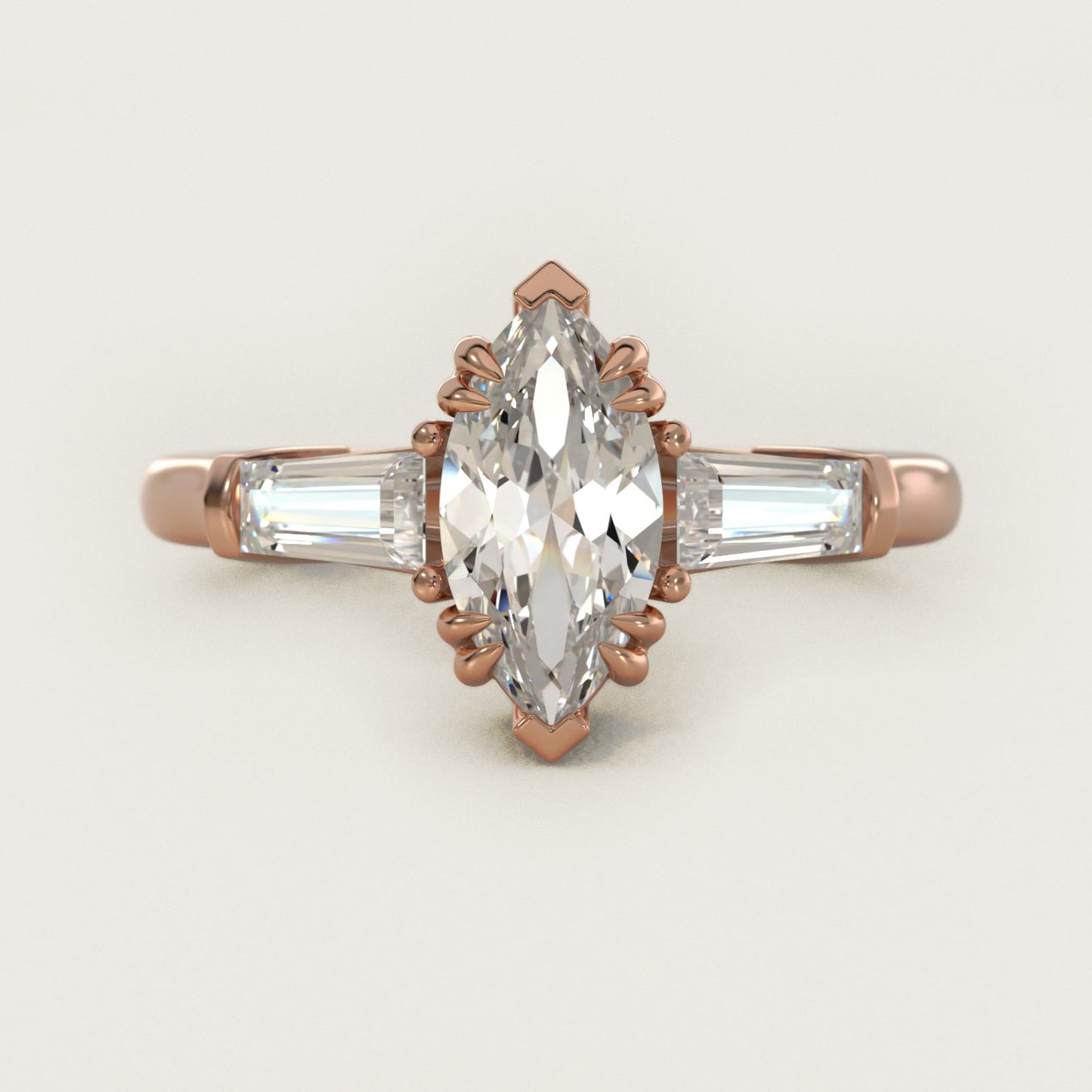 Three-Stone Tapered Baguette Diamond Engagement Ring in 18k Rose Gold (1/2 ct. tw.) - Marquise Center