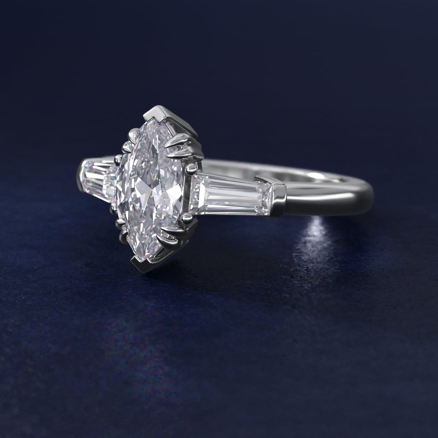 Three-Stone Tapered Baguette Diamond Engagement Ring in 18k White Gold (1/2 ct. tw.) - Marquise Center