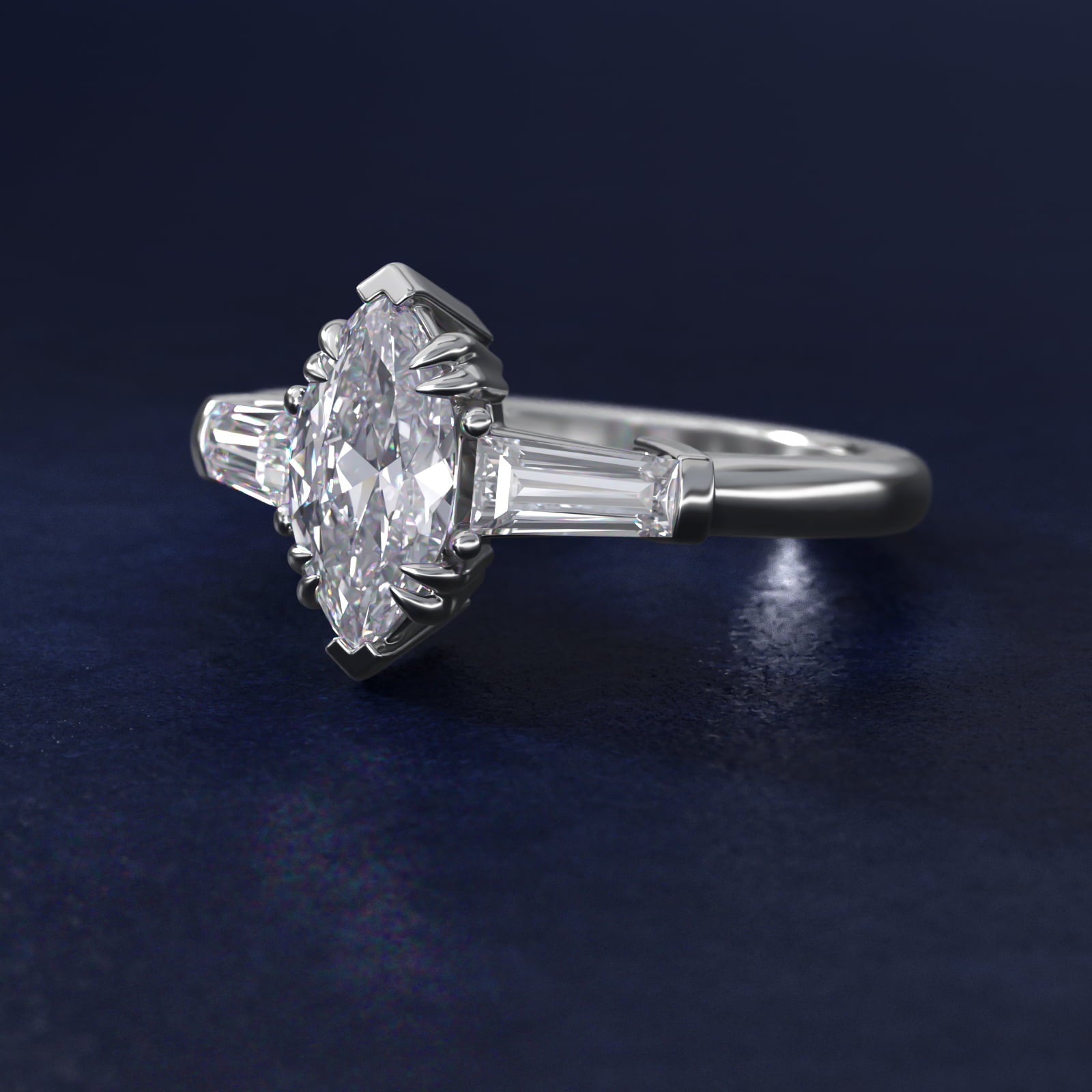 Three-Stone Tapered Baguette Diamond Engagement Ring in 18k White Gold (1/2 ct. tw.) - Marquise Center