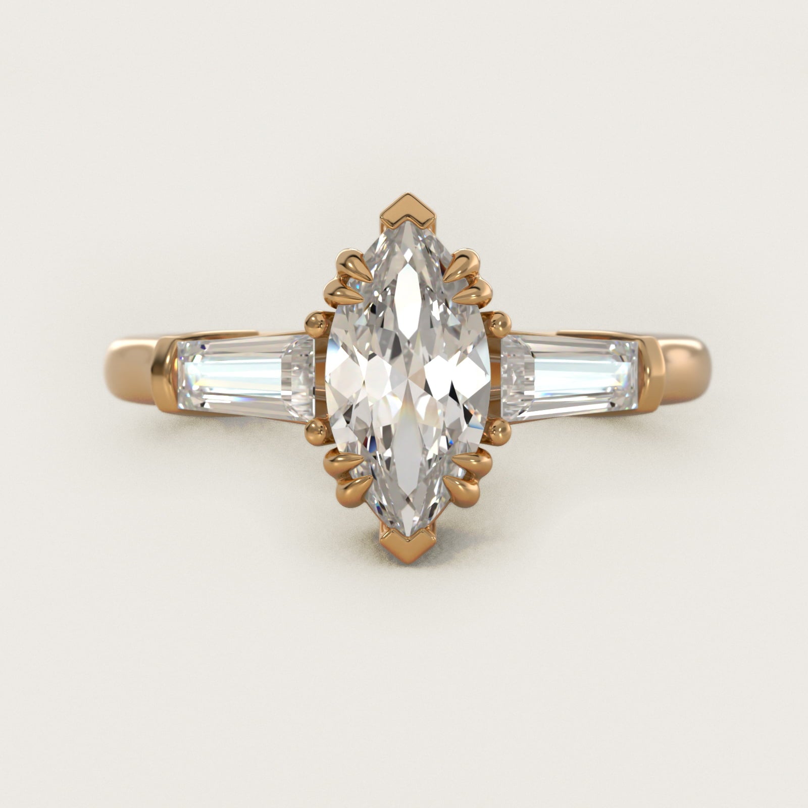 Three-Stone Tapered Baguette Diamond Engagement Ring in 18k Yellow Gold (1/2 ct. tw.) - Marquise Center
