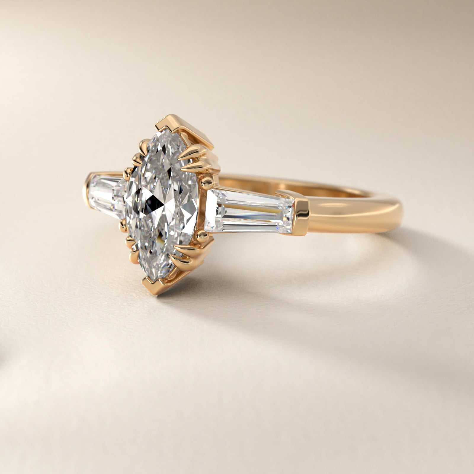Three-Stone Tapered Baguette Diamond Engagement Ring in 14K Yellow Gold (1/2 ct. tw.) - Marquise Center