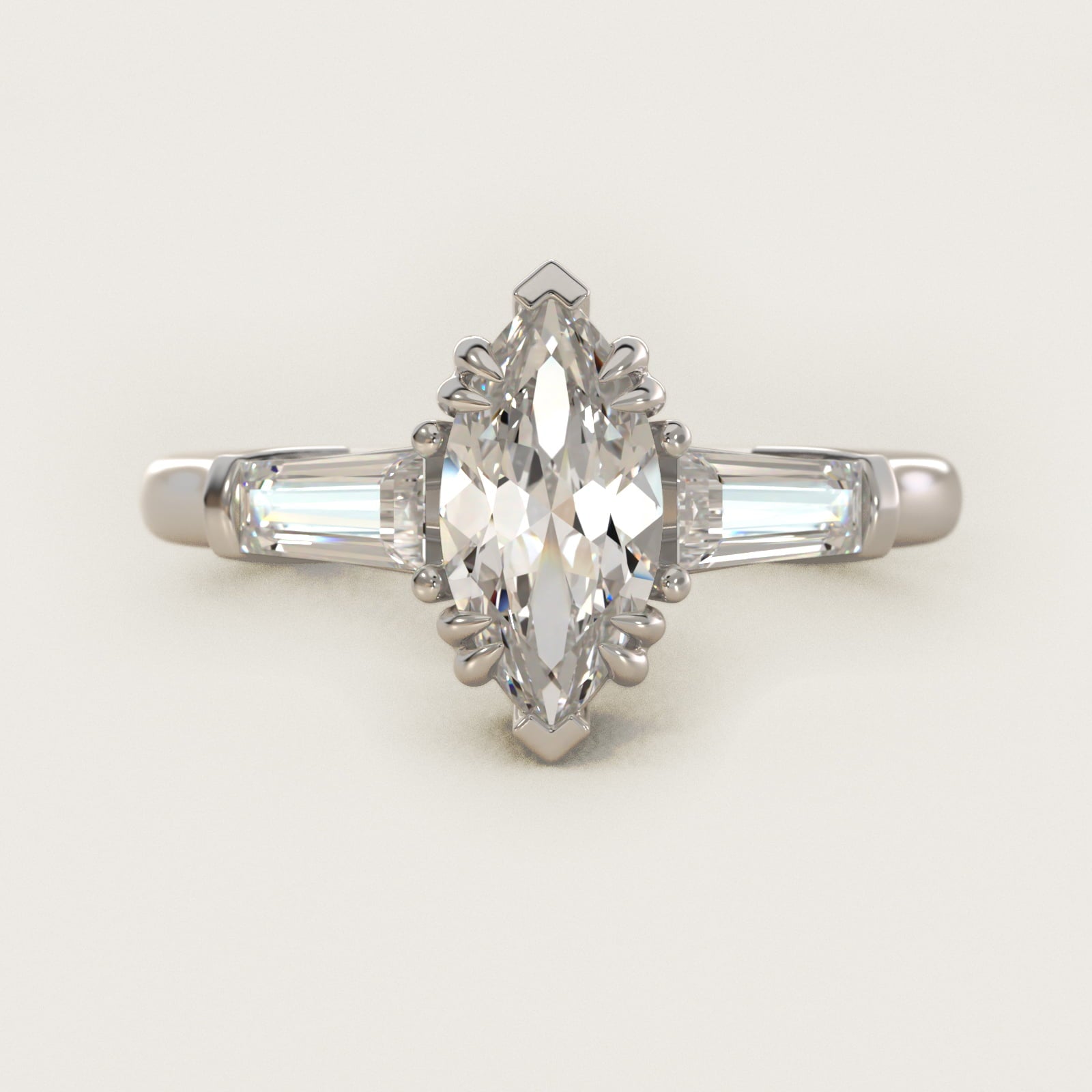 Three-Stone Tapered Baguette Diamond Engagement Ring in Platinum (1/2 ct. tw.) - Marquise Center
