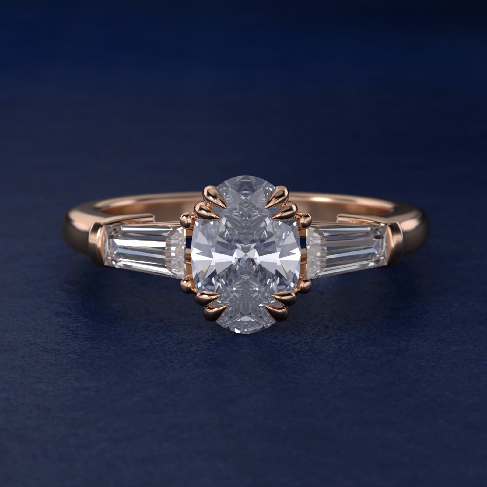 Three-Stone Tapered Baguette Diamond Engagement Ring in 14k Rose Gold (1/2 ct. tw.) - Oval Center