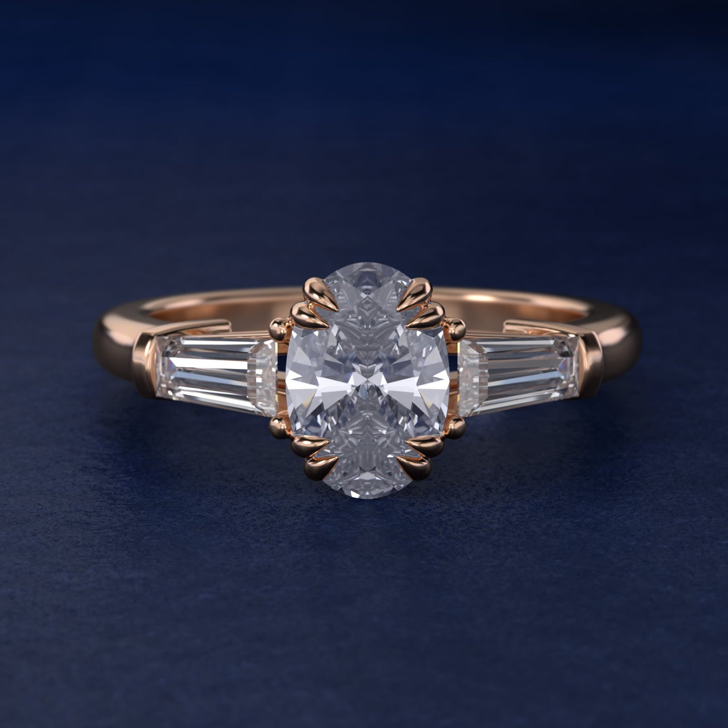 Three-Stone Tapered Baguette Diamond Engagement Ring in 18k Rose Gold (1/2 ct. tw.) - Oval Center
