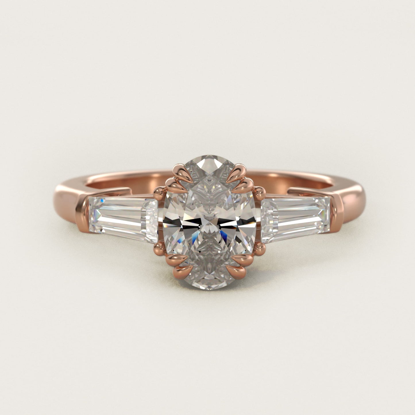 Three-Stone Tapered Baguette Diamond Engagement Ring in 18k Rose Gold (1/2 ct. tw.) - Oval Center