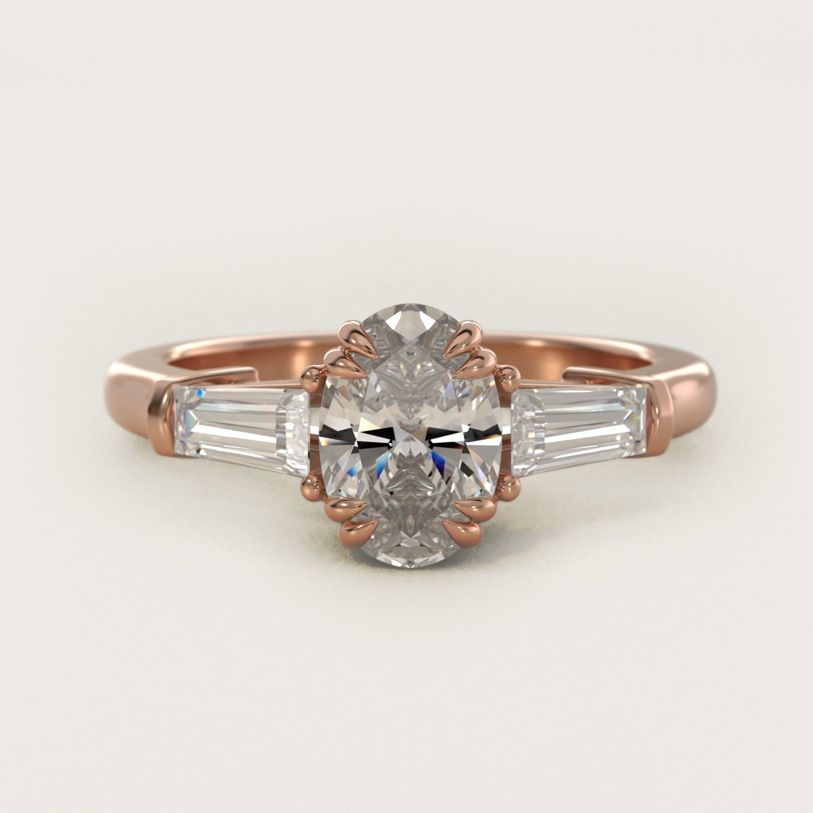 Three-Stone Tapered Baguette Diamond Engagement Ring in 18k Rose Gold (1/2 ct. tw.) - Oval Center