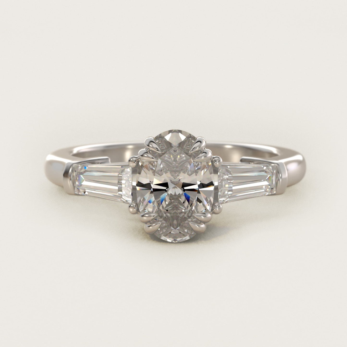 Three-Stone Tapered Baguette Diamond Engagement Ring in 18k White Gold (1/2 ct. tw.) - Oval Center