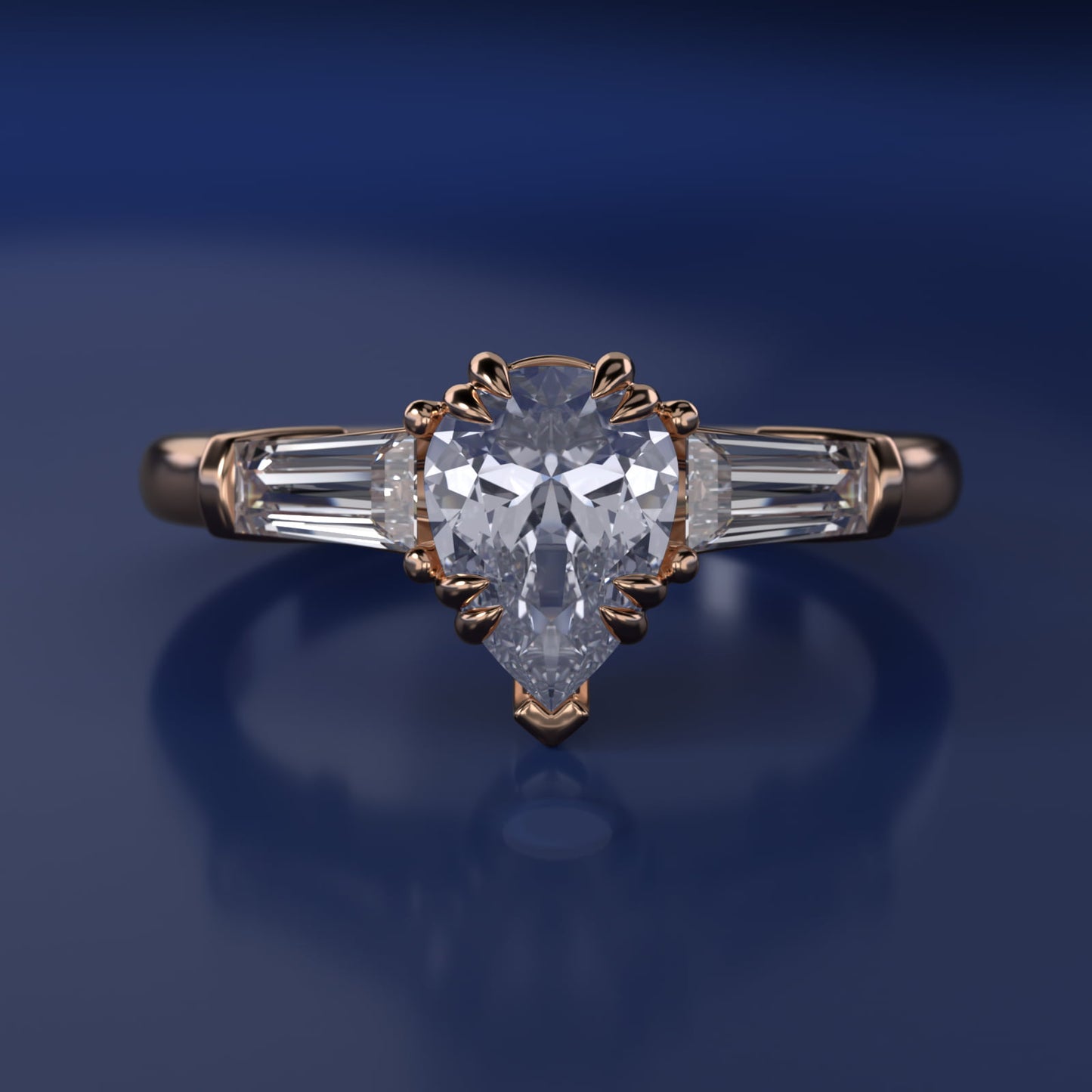 Three-Stone Tapered Baguette Diamond Engagement Ring in 18k Rose Gold (1/2 ct. tw.) - Pear Center