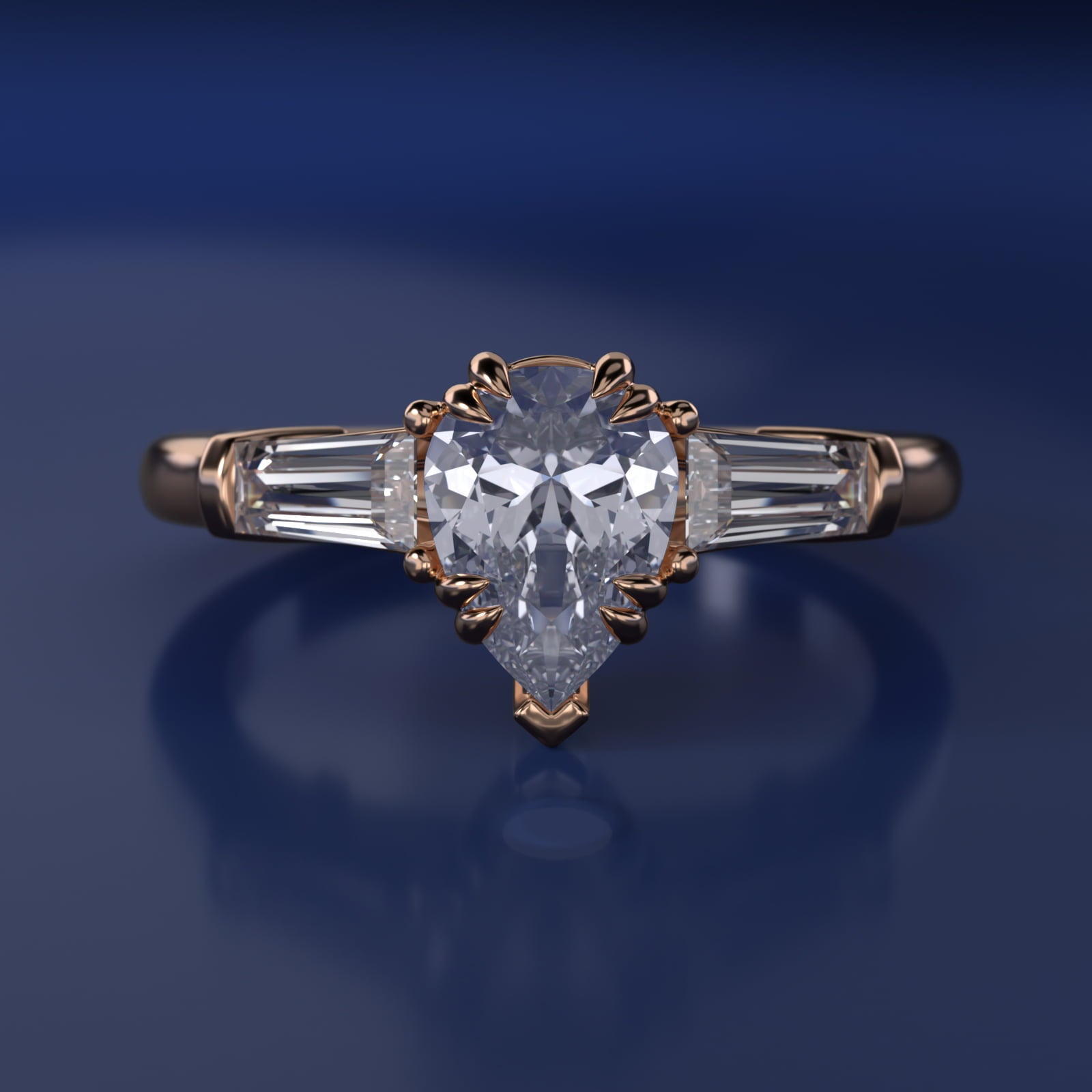 Three-Stone Tapered Baguette Diamond Engagement Ring in 18k Rose Gold (1/2 ct. tw.) - Pear Center