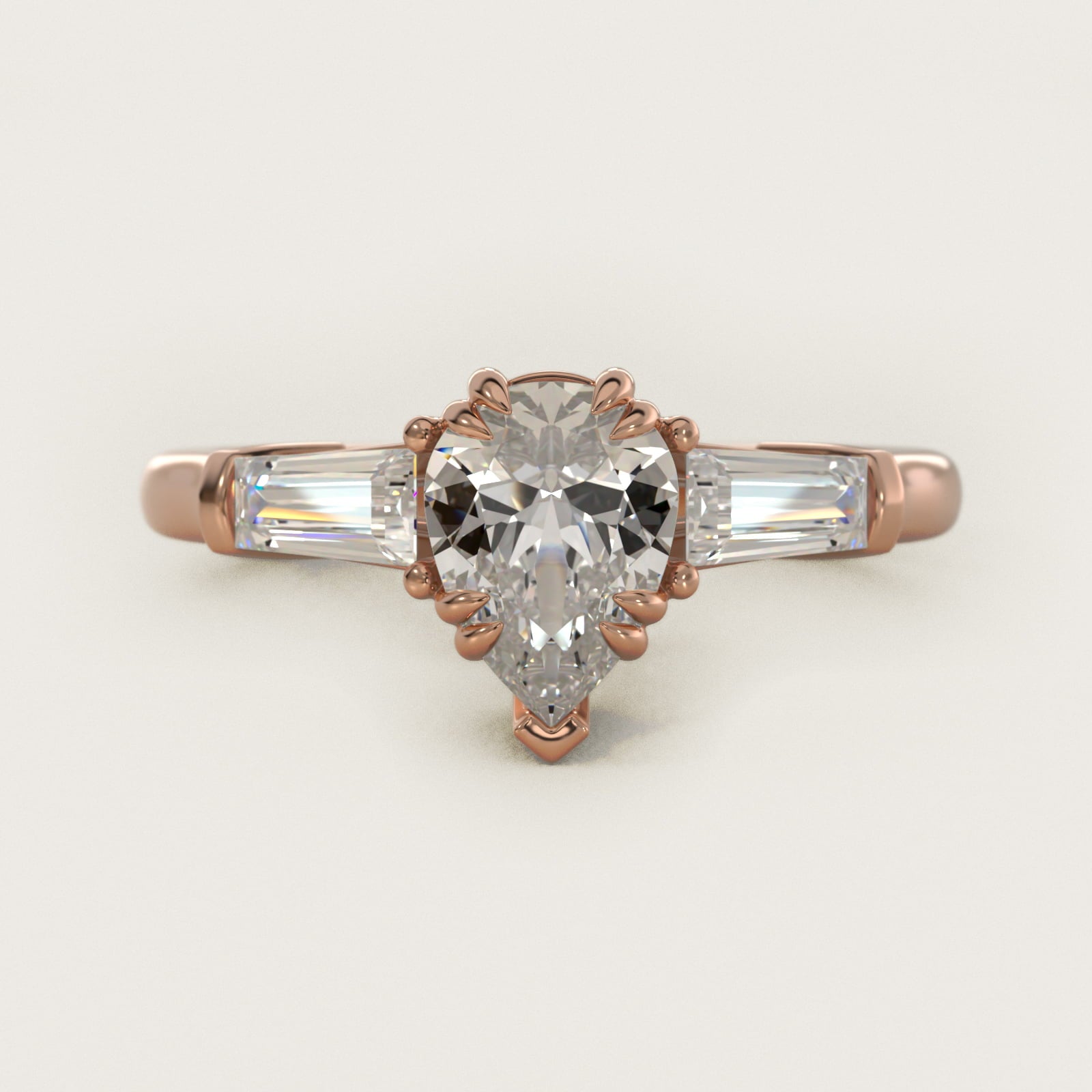 Three-Stone Tapered Baguette Diamond Engagement Ring in 14k Rose Gold (1/2 ct. tw.) - Pear Center