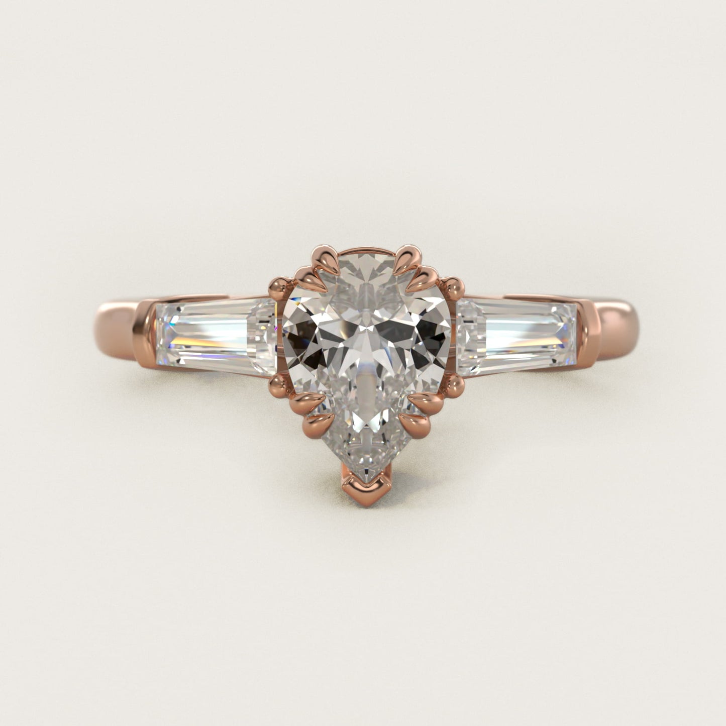 Three-Stone Tapered Baguette Diamond Engagement Ring in 18k Rose Gold (1/2 ct. tw.) - Pear Center