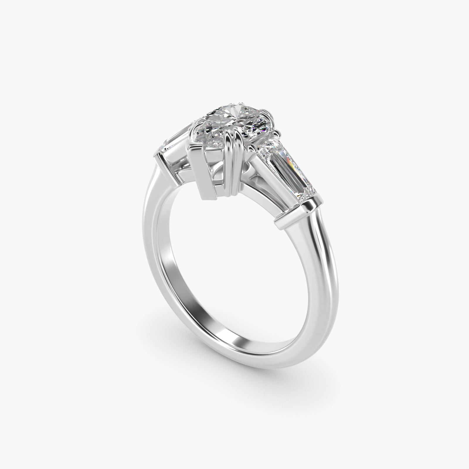 Three-Stone Tapered Baguette Diamond Engagement Ring in 18k White Gold (1/2 ct. tw.) - Pear Center
