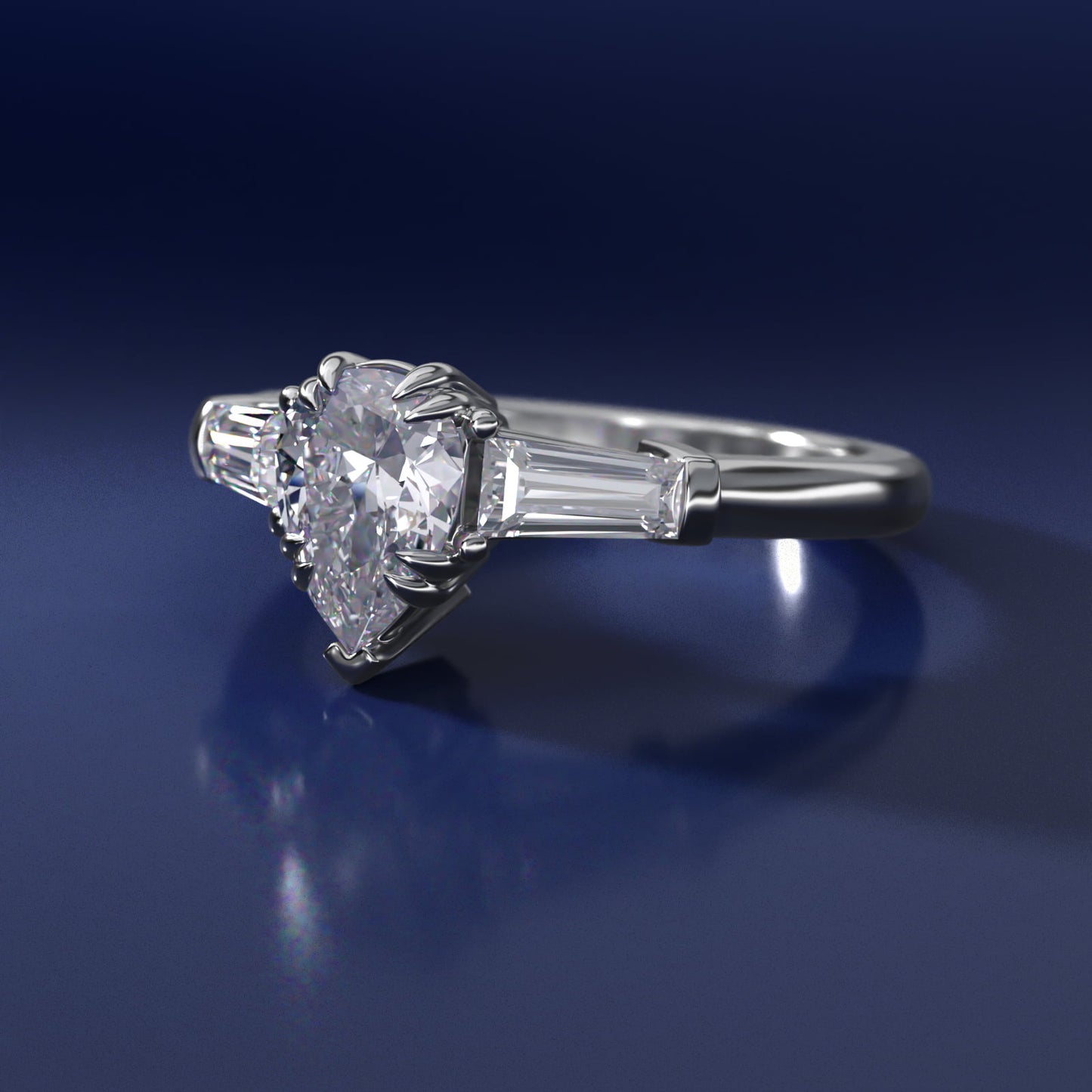 Three-Stone Tapered Baguette Diamond Engagement Ring in 18k White Gold (1/2 ct. tw.) - Pear Center
