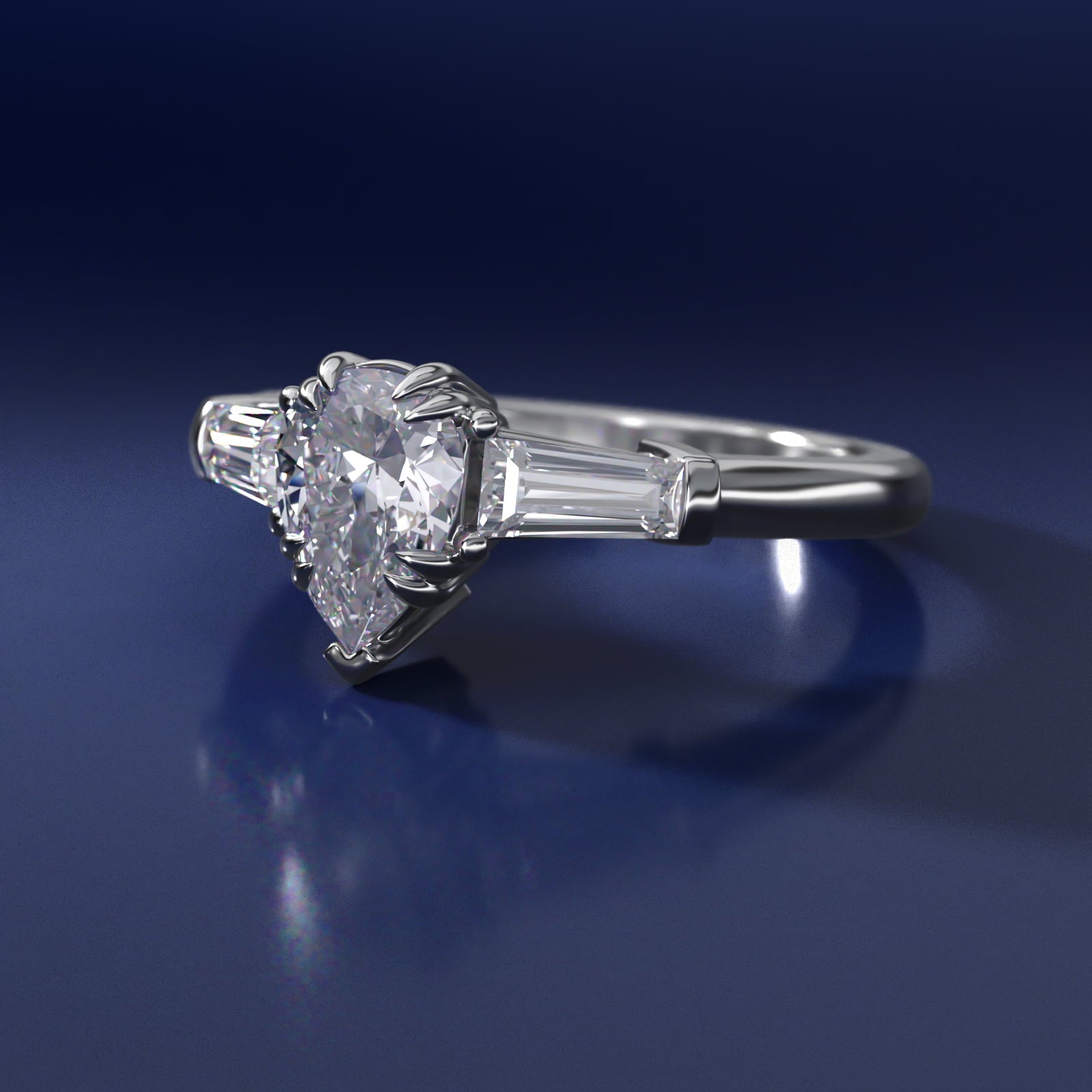 Three-Stone Tapered Baguette Diamond Engagement Ring in 18k White Gold (1/2 ct. tw.) - Pear Center