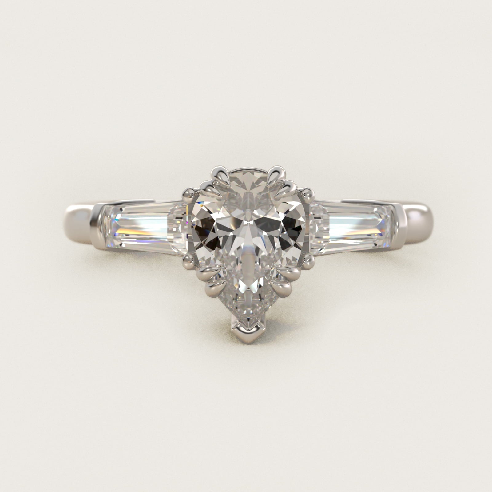 Three-Stone Tapered Baguette Diamond Engagement Ring in 18k White Gold (1/2 ct. tw.) - Pear Center