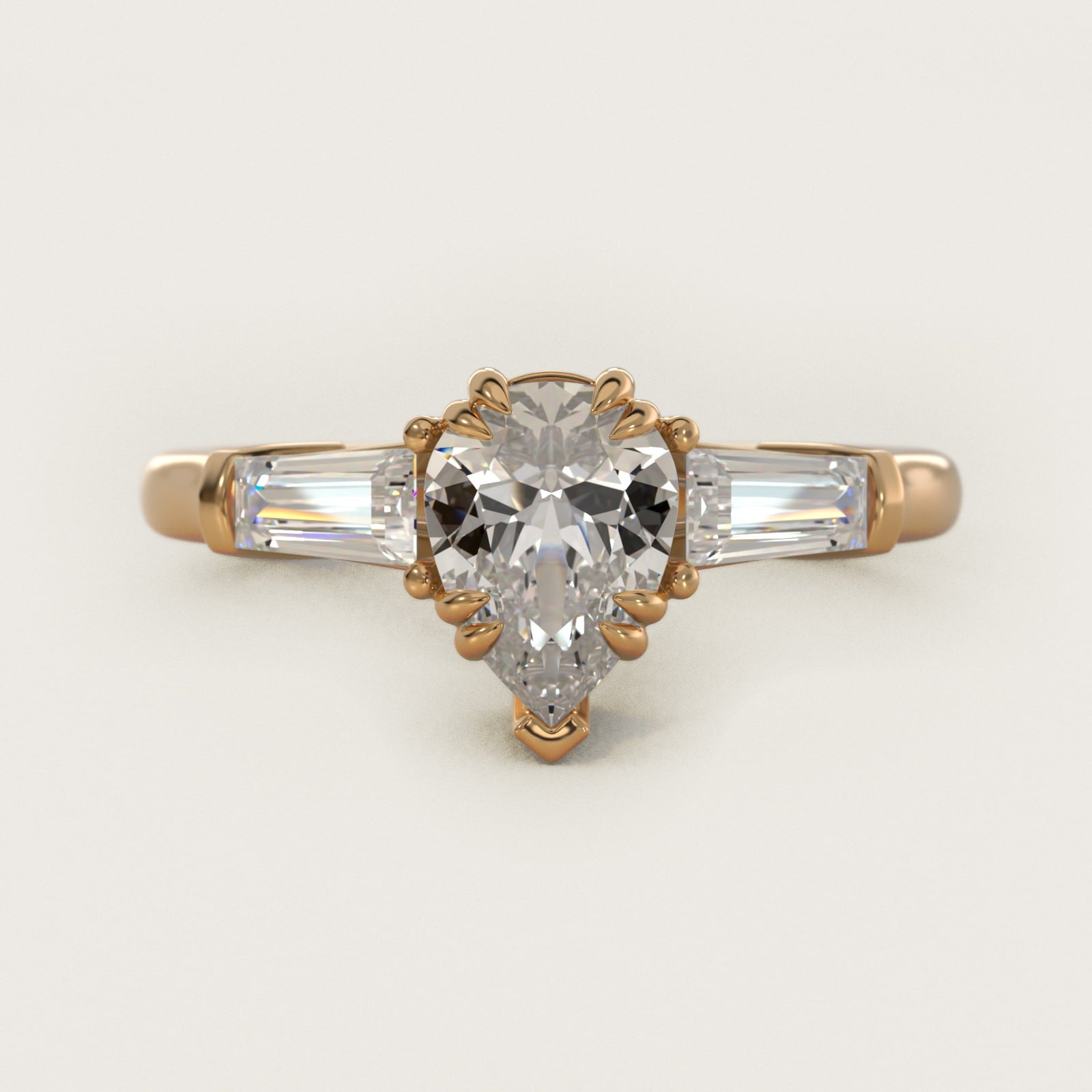 Three-Stone Tapered Baguette Diamond Engagement Ring in 18k Yellow Gold (1/2 ct. tw.) - Pear Center