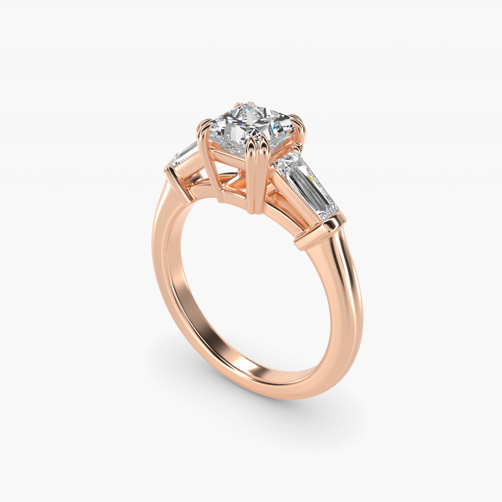 Three-Stone Tapered Baguette Diamond Engagement Ring in 18k Rose Gold (1/2 ct. tw.) - Princess Center