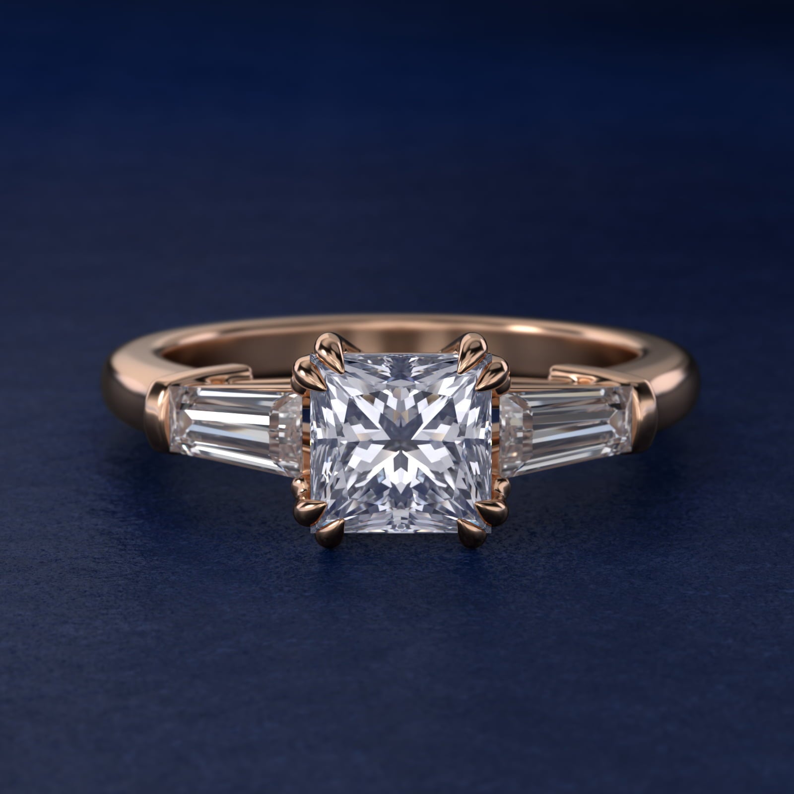 Three-Stone Tapered Baguette Diamond Engagement Ring in 18k Rose Gold (1/2 ct. tw.) - Princess Center