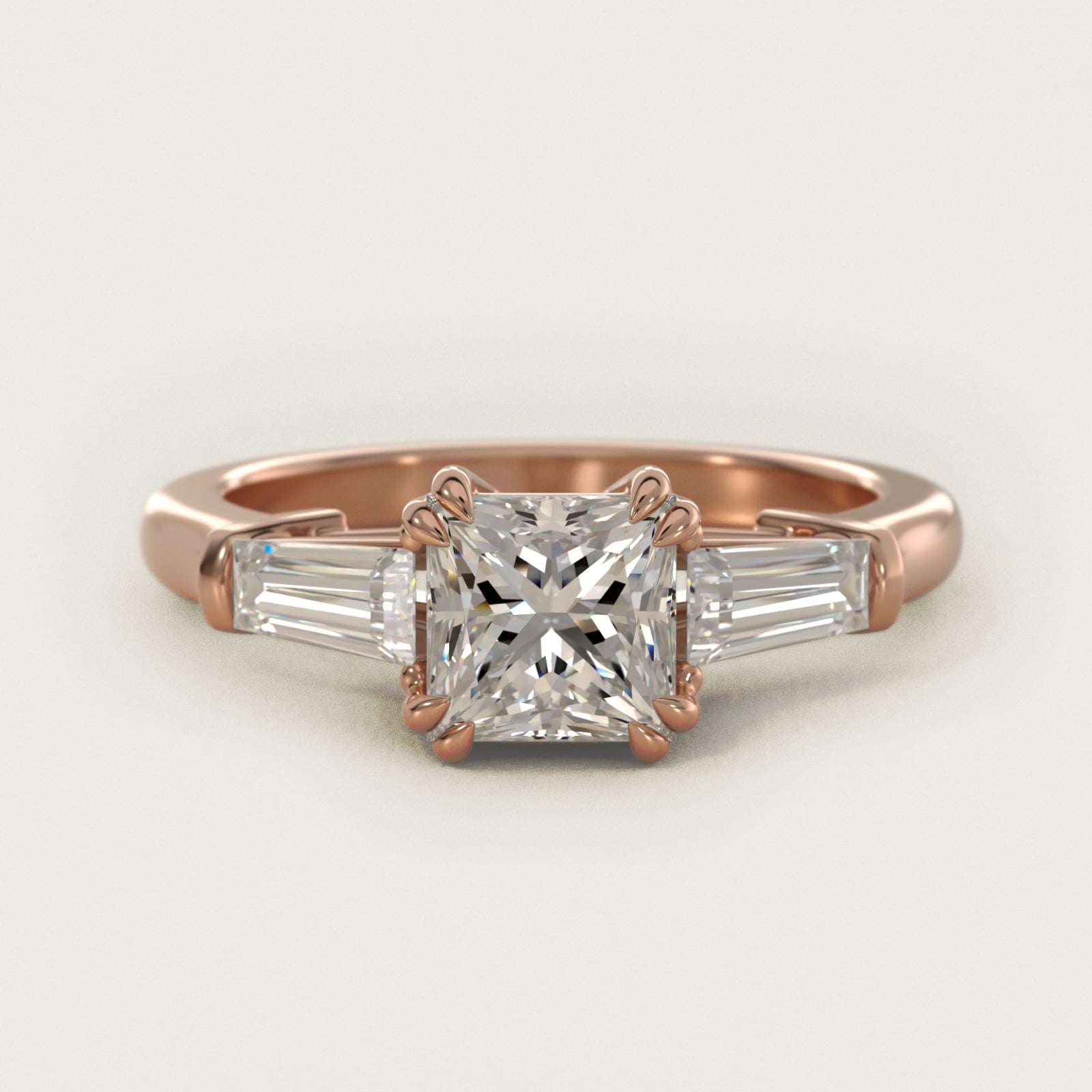 Three-Stone Tapered Baguette Diamond Engagement Ring in 14k Rose Gold (1/2 ct. tw.) - Princess Center