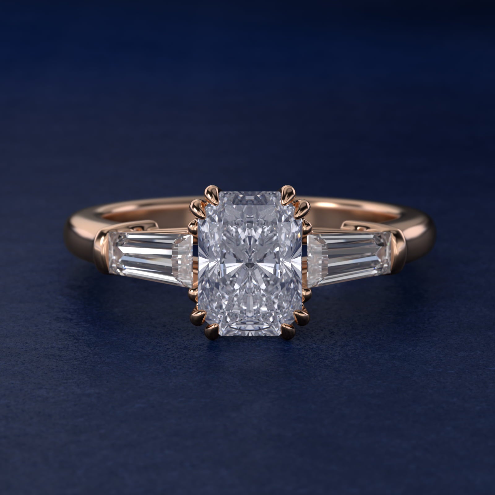 Three-Stone Tapered Baguette Diamond Engagement Ring in 14k Rose Gold (1/2 ct. tw.) - Radiant Center