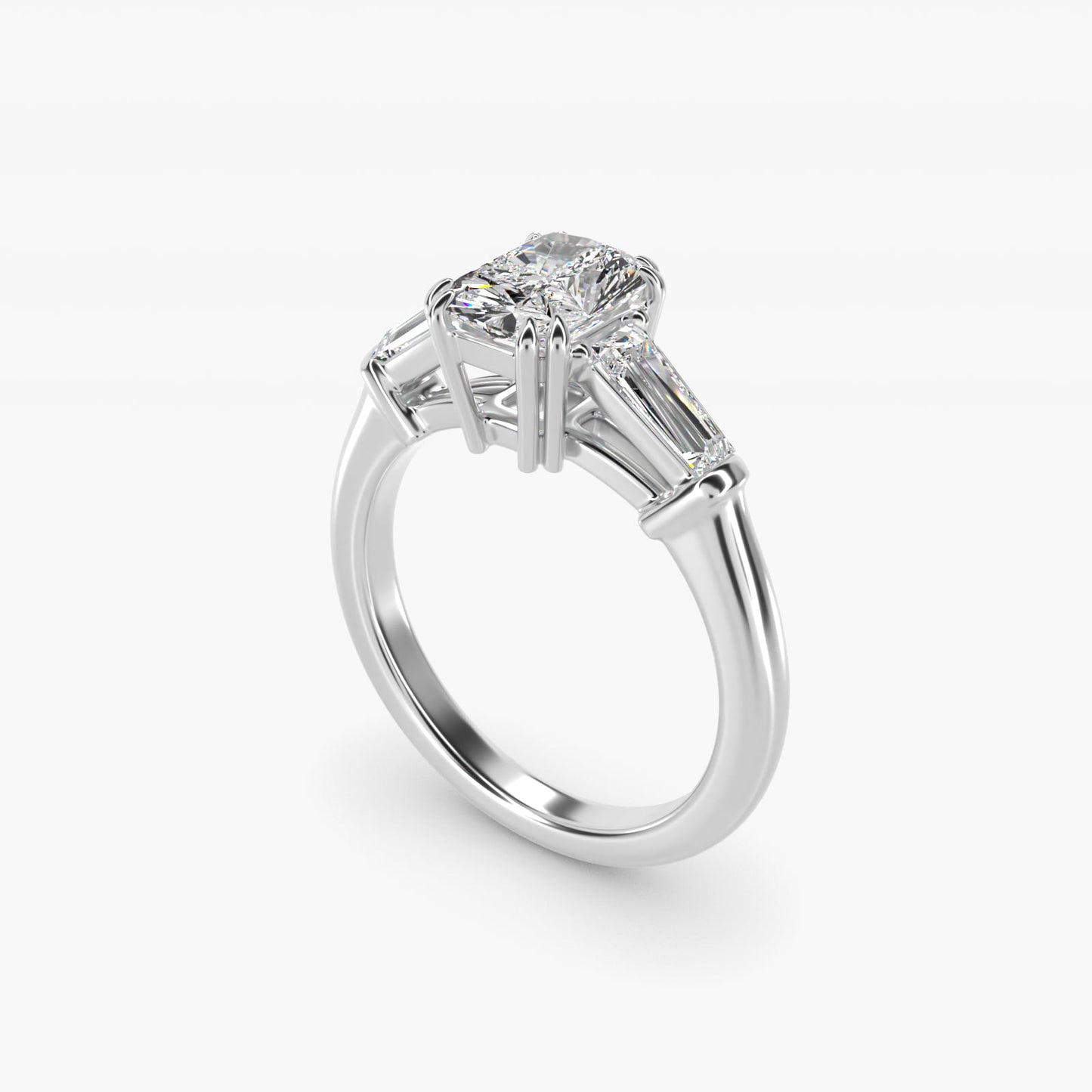 Three-Stone Tapered Baguette Diamond Engagement Ring in 18k White Gold (1/2 ct. tw.) - Radiant Center
