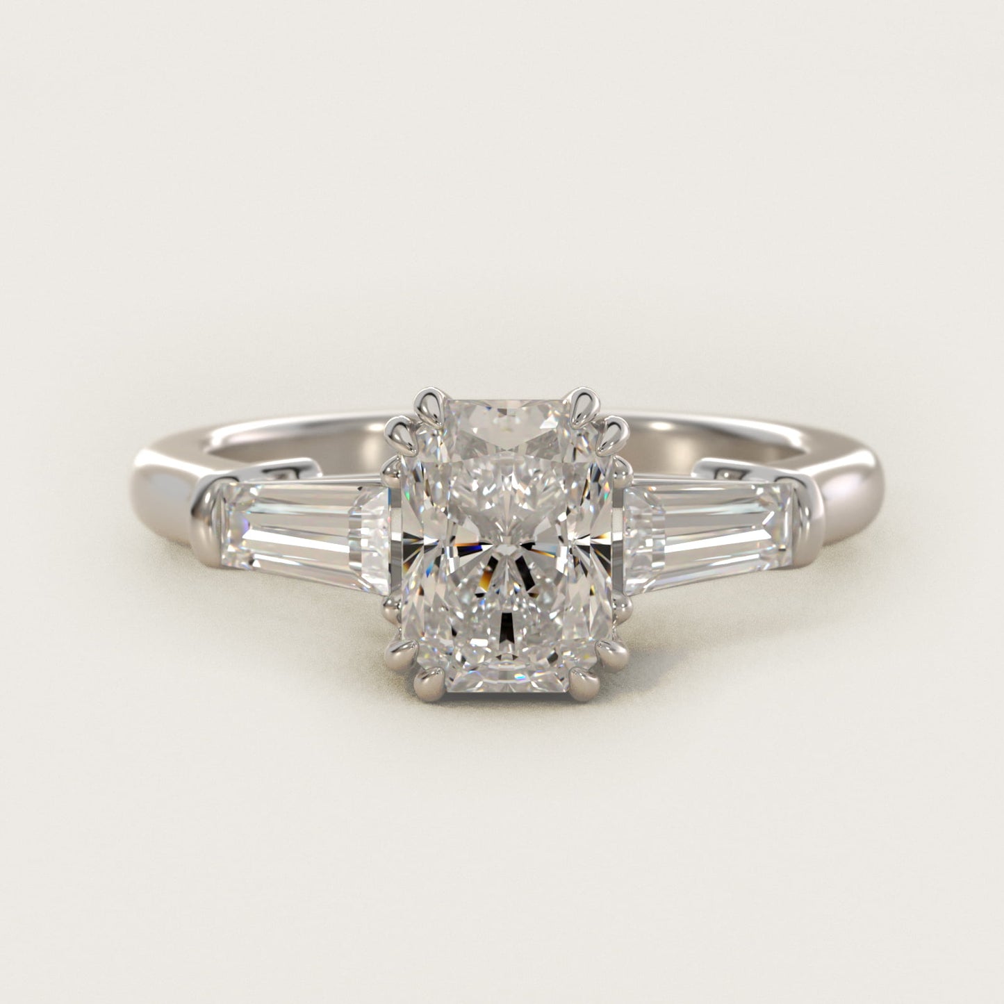 Three-Stone Tapered Baguette Diamond Engagement Ring in 18k White Gold (1/2 ct. tw.) - Radiant Center