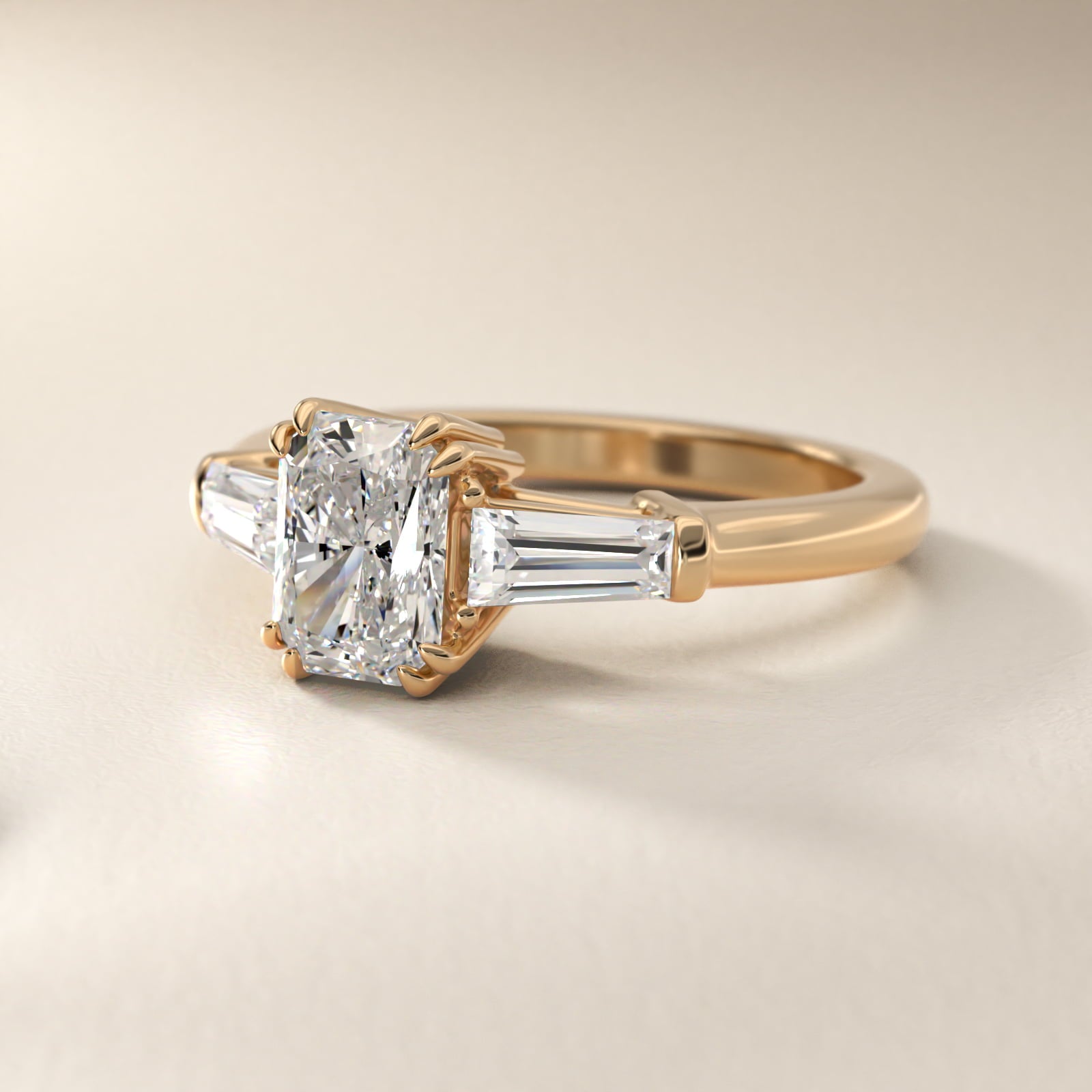 Three-Stone Tapered Baguette Diamond Engagement Ring in 18k Yellow Gold (1/2 ct. tw.) - Radiant Center