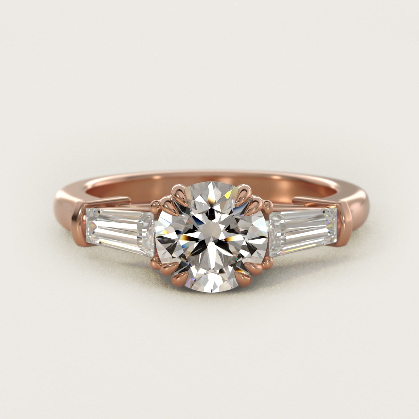 Three-Stone Tapered Baguette Diamond Engagement Ring in 18k Rose Gold (1/2 ct. tw.) - Round Center