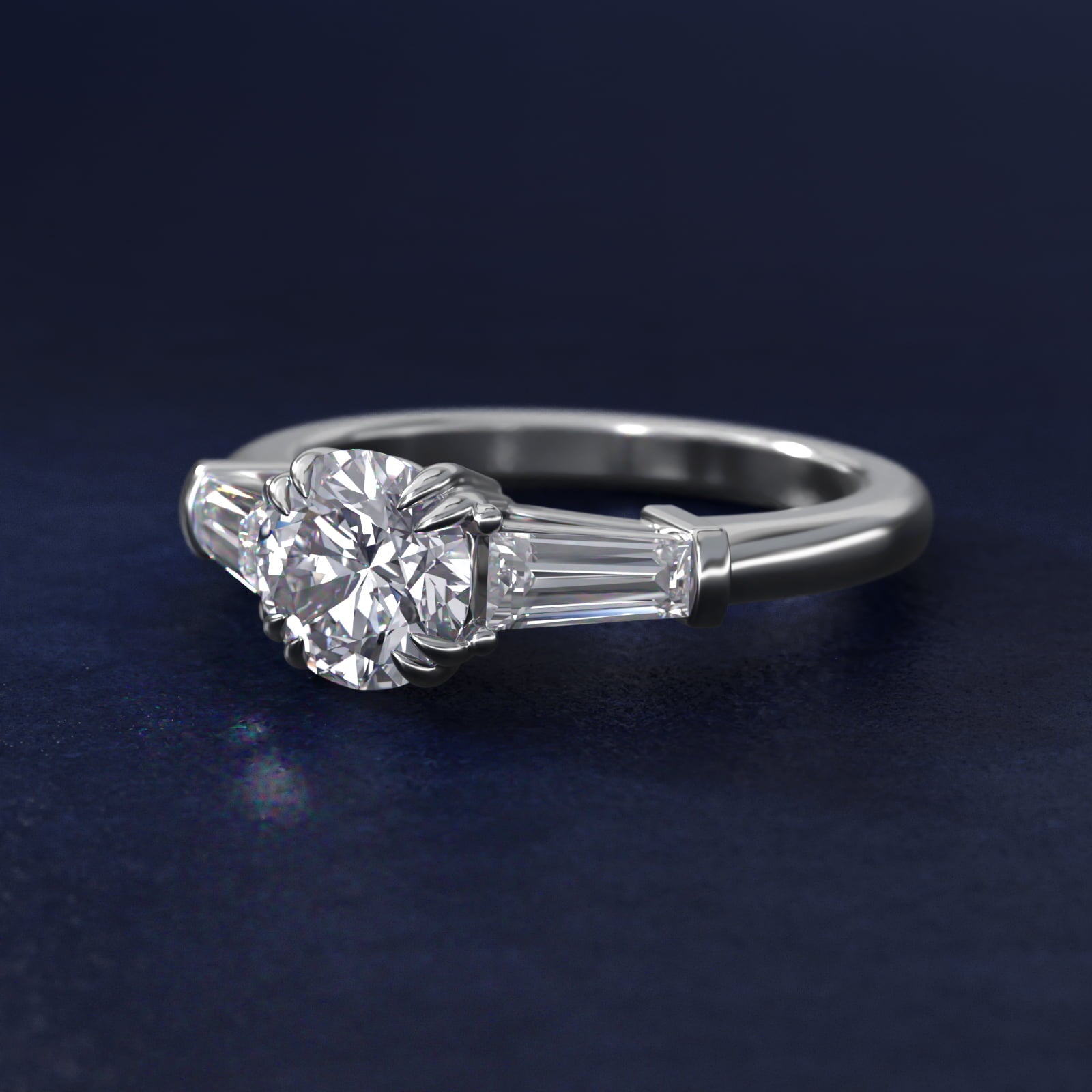 Three-Stone Tapered Baguette Diamond Engagement Ring in 18k White Gold (1/2 ct. tw.) - Round Center