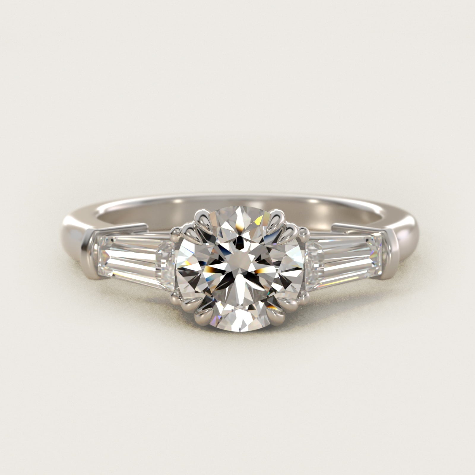 Three-Stone Tapered Baguette Diamond Engagement Ring in 18k White Gold (1/2 ct. tw.) - Round Center