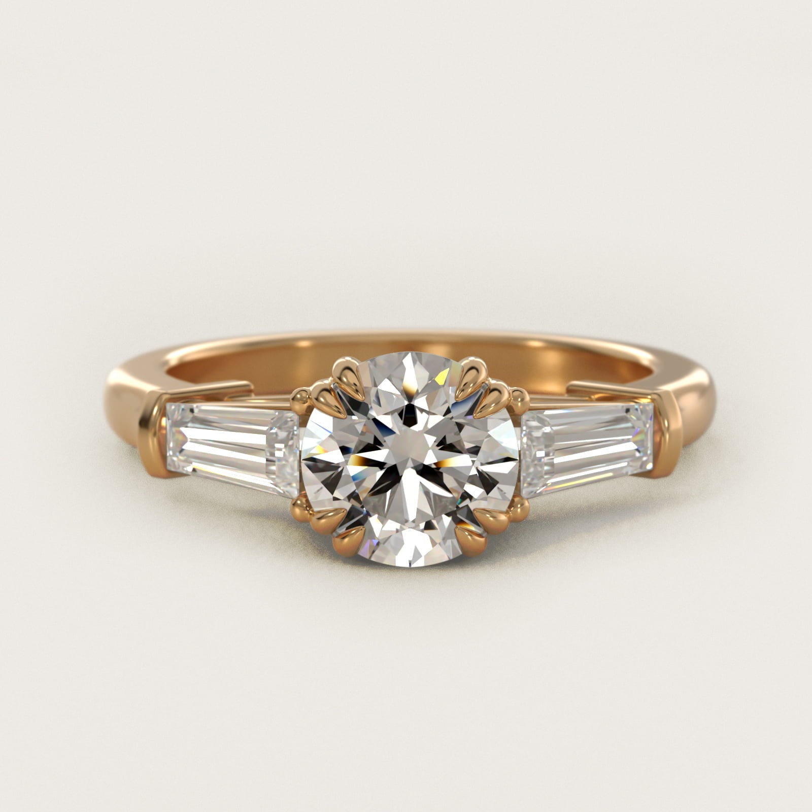 Three-Stone Tapered Baguette Diamond Engagement Ring in 14K Yellow Gold (1/2 ct. tw.) - Round Center