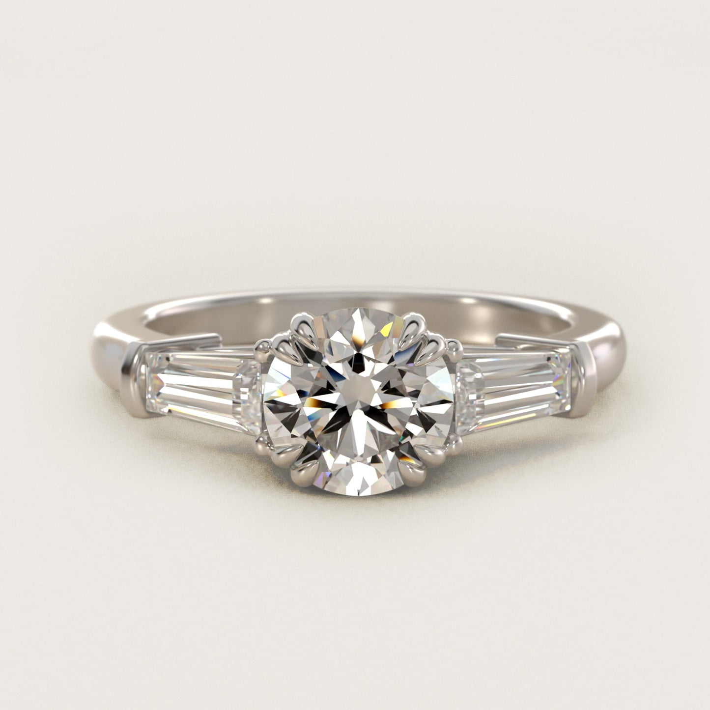 Three-Stone Tapered Baguette Diamond Engagement Ring in Platinum (1/2 ct. tw.) - Round Center