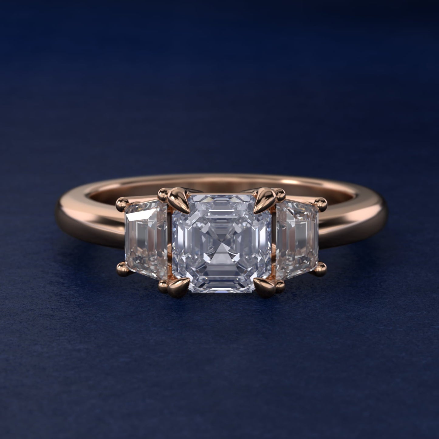 Three-Stone Trapezoid Sidestone Diamond Engagement Ring in 18k Rose Gold (1/2 ct. tw.) - Asscher Center