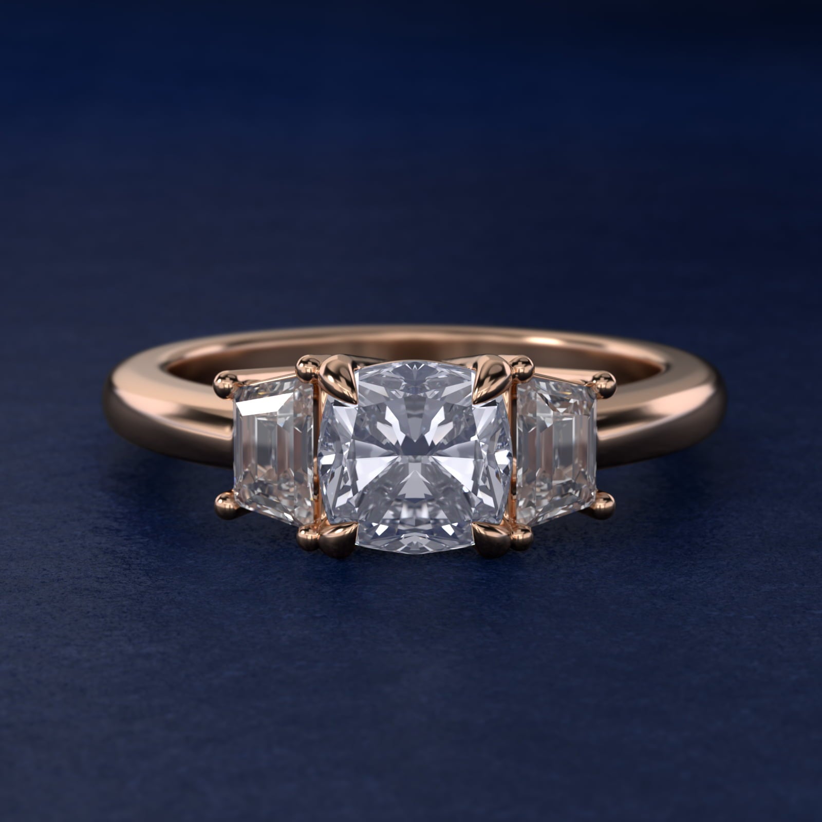 Three-Stone Trapezoid Sidestone Diamond Engagement Ring in 14k Rose Gold (1/2 ct. tw.) - Cushion Center