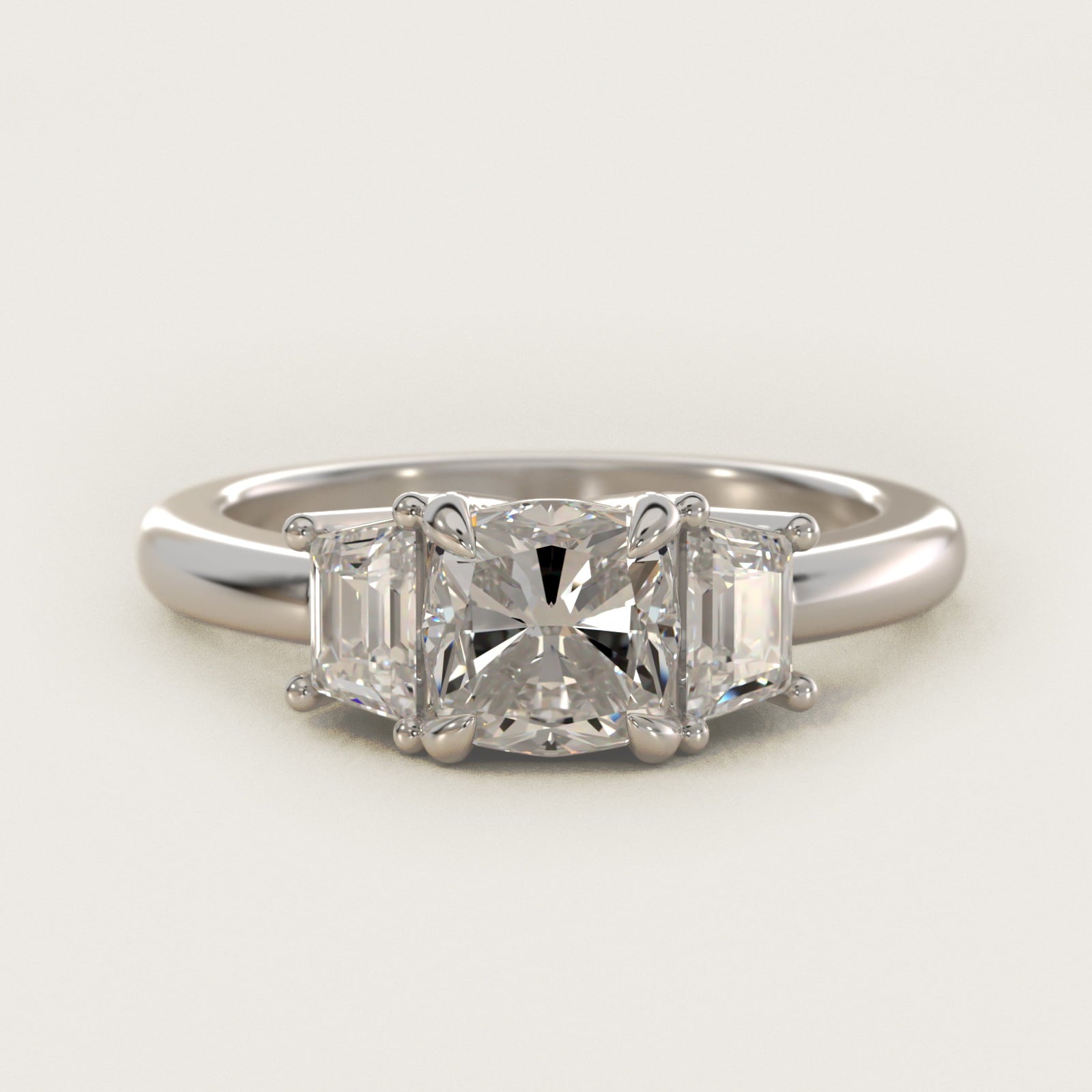 Three-Stone Trapezoid Sidestone Diamond Engagement Ring in 14k White Gold (1/2 ct. tw.) - Cushion Center