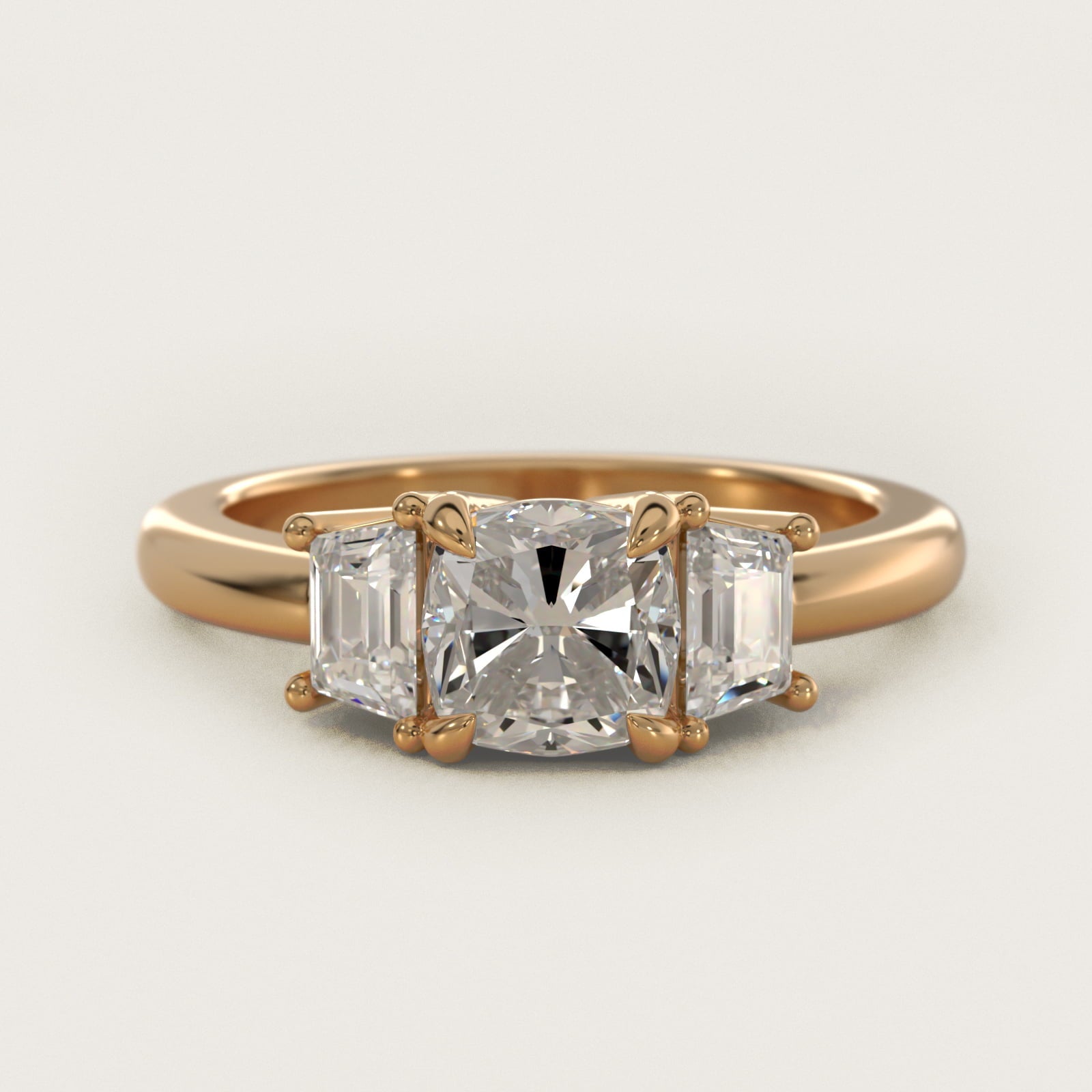 Three-Stone Trapezoid Sidestone Diamond Engagement Ring in 18k Yellow Gold (1/2 ct. tw.) - Cushion Center