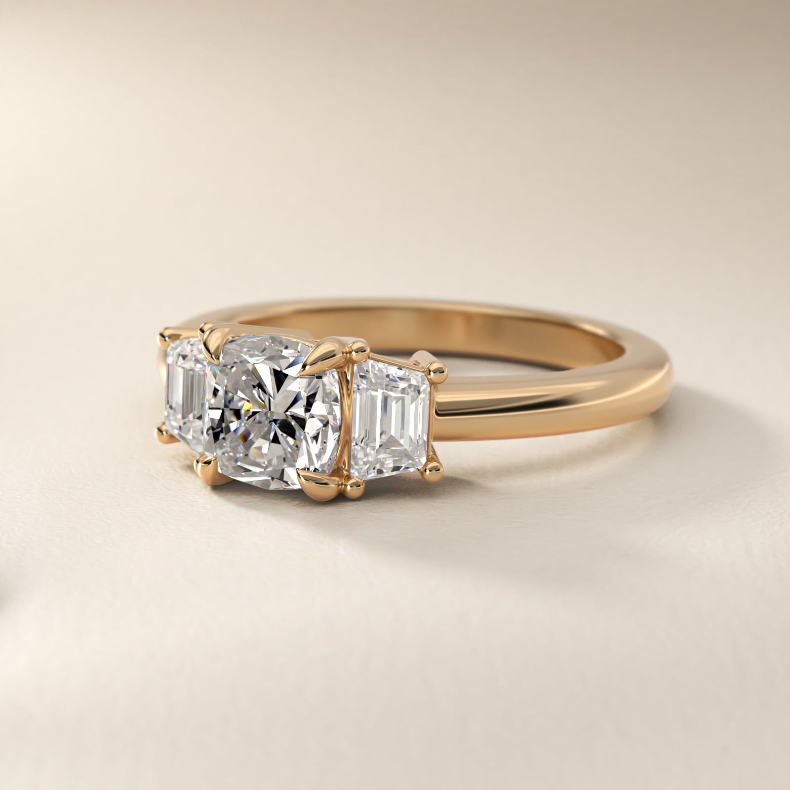 Three-Stone Trapezoid Sidestone Diamond Engagement Ring in 14K Yellow Gold (1/2 ct. tw.) - Cushion Center