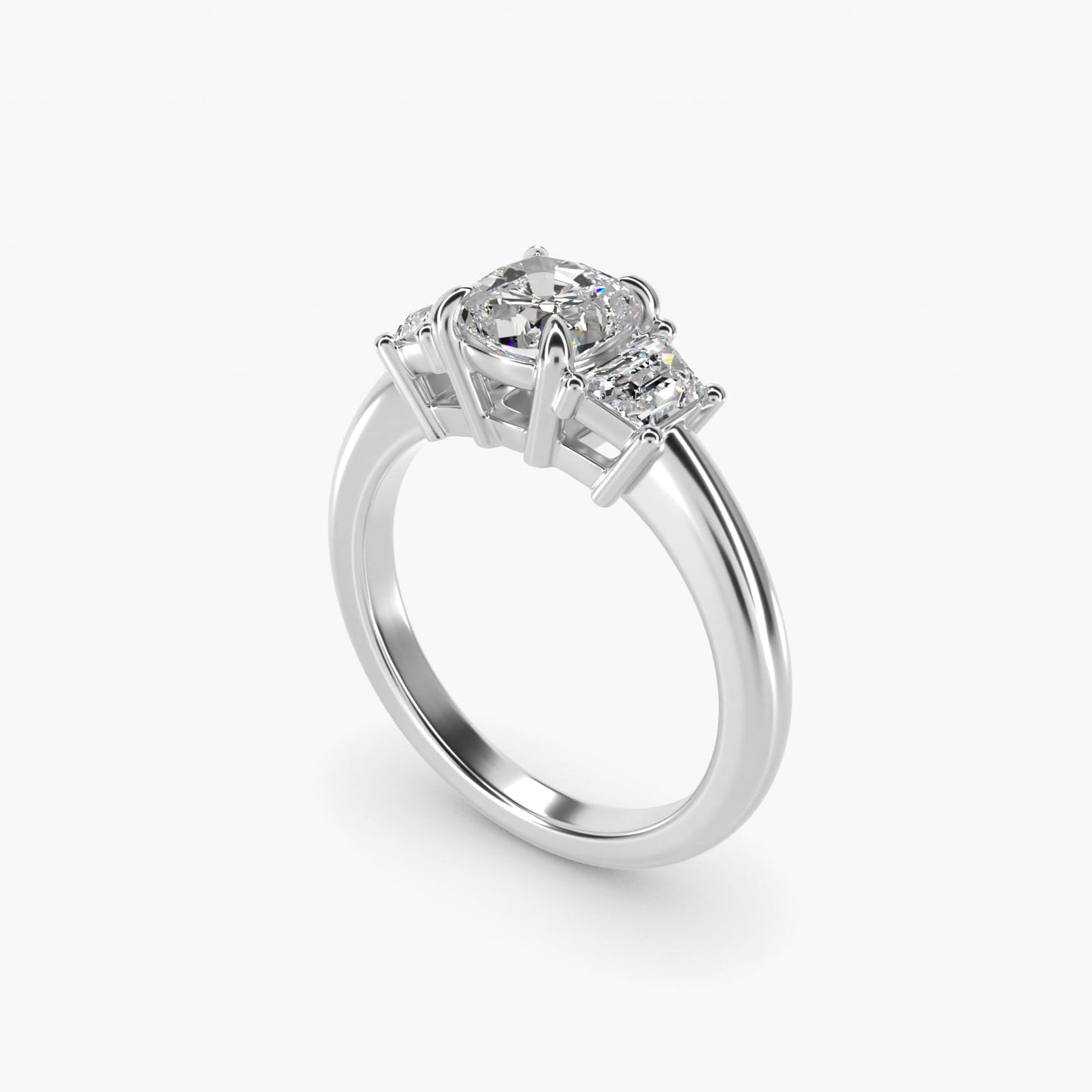 Three-Stone Trapezoid Sidestone Diamond Engagement Ring in Platinum (1/2 ct. tw.) - Cushion Center