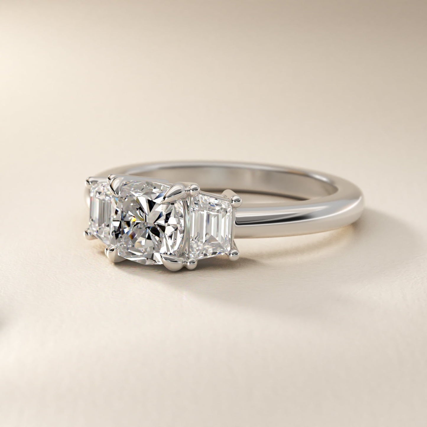 Three-Stone Trapezoid Sidestone Diamond Engagement Ring in Platinum (1/2 ct. tw.) - Cushion Center